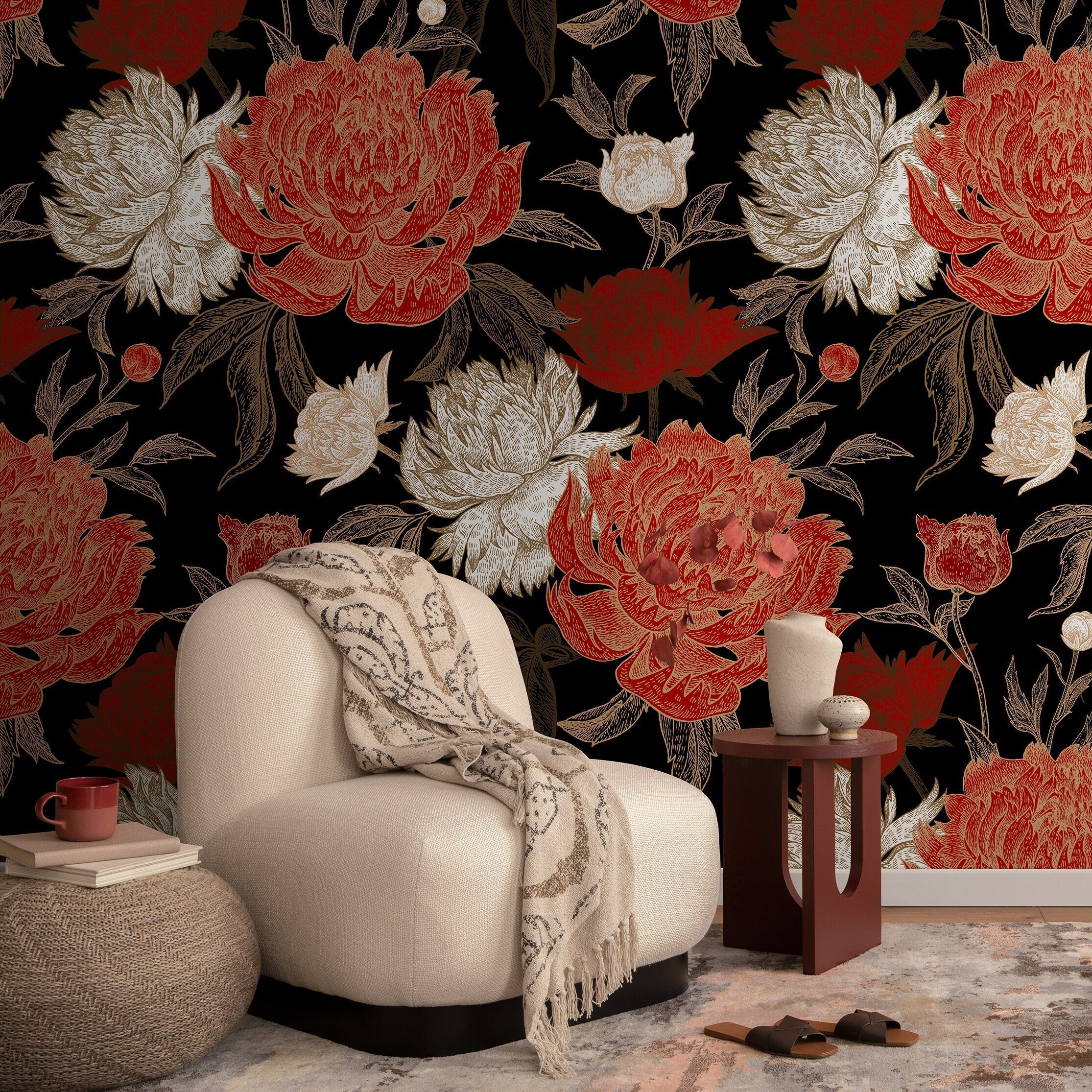 Floral Wallpaper With Engraved Peonies In Black, Red, And Gold - A702