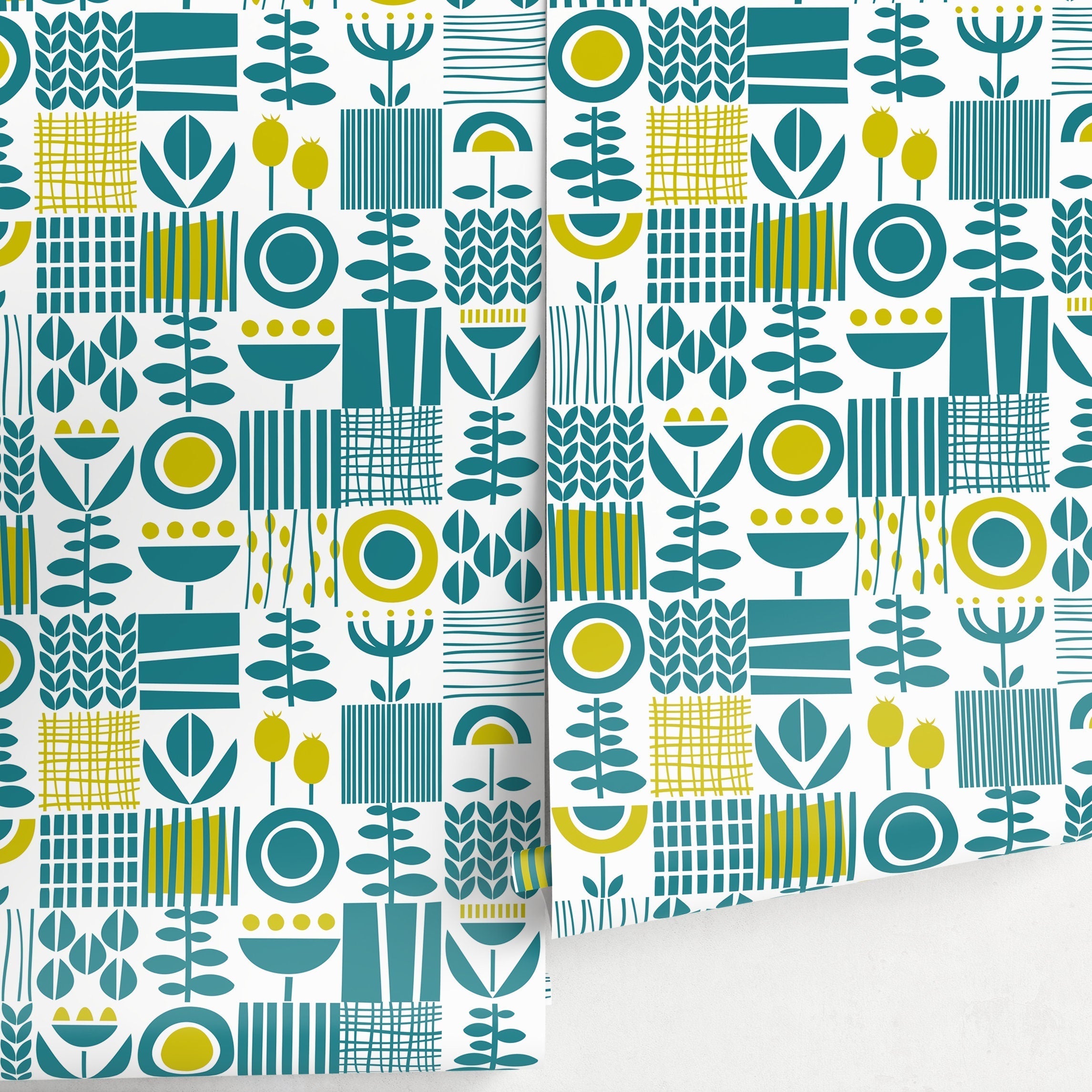 Scandinavian Wallpaper With A Block Print Botanical Motif In Teal And Yellow - A707