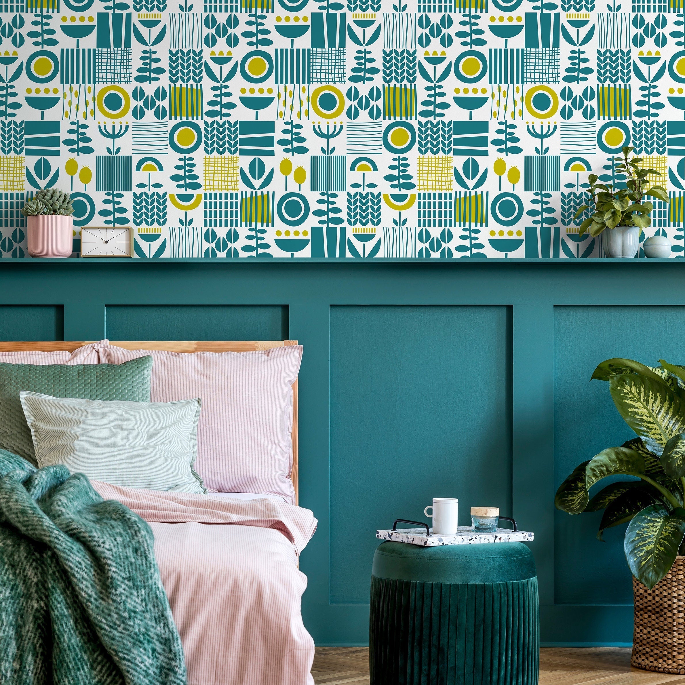 Scandinavian Wallpaper With A Block Print Botanical Motif In Teal And Yellow - A707