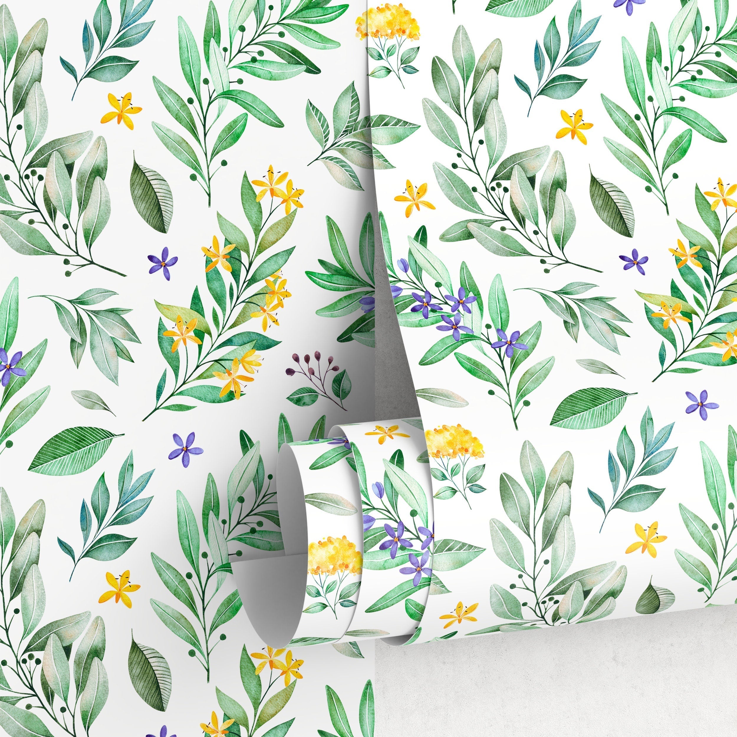 Botanical Wallpaper With Watercolor Leaves And Florals In Green, Yellow, And Purple - A708