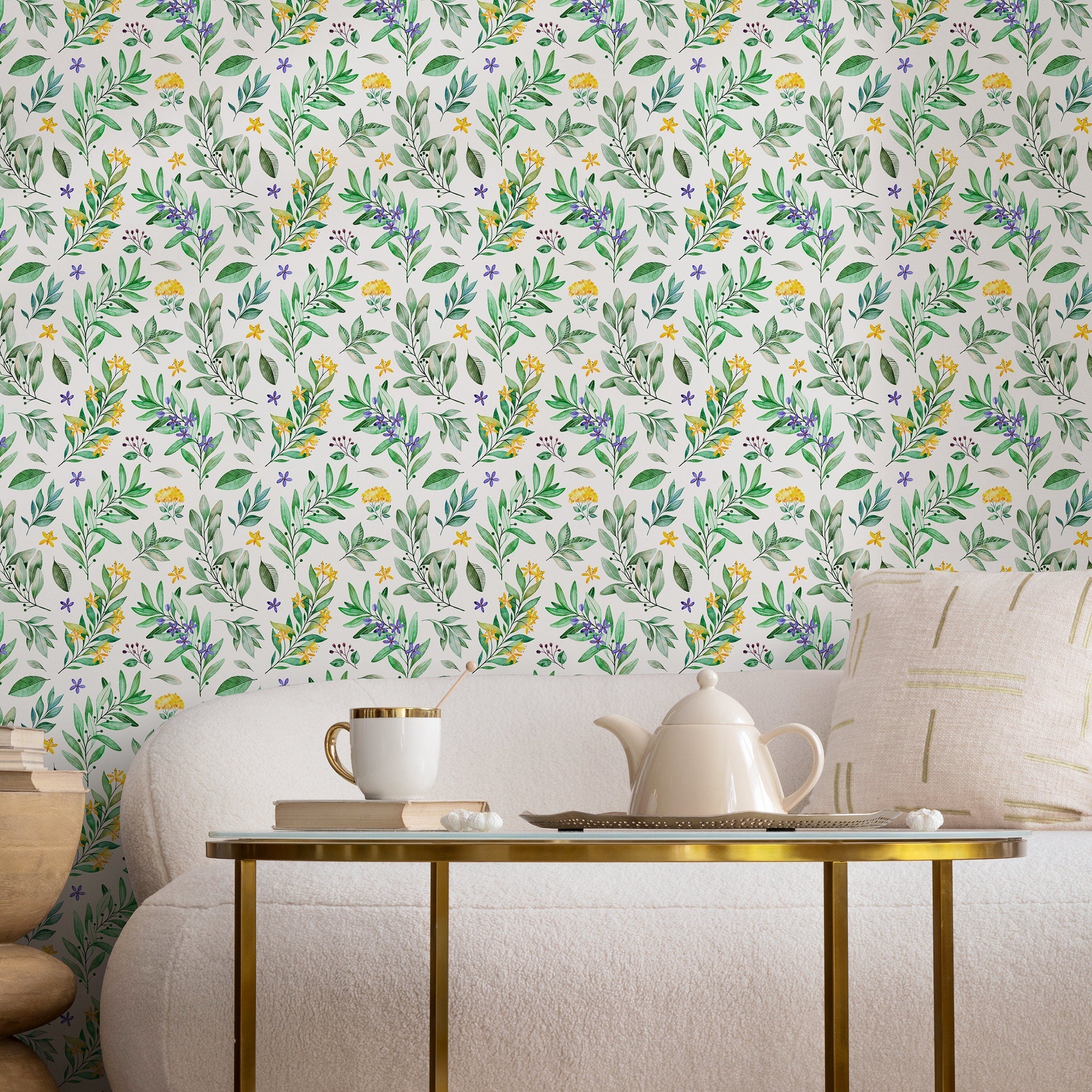 Botanical Wallpaper With Watercolor Leaves And Florals In Green, Yellow, And Purple - A708