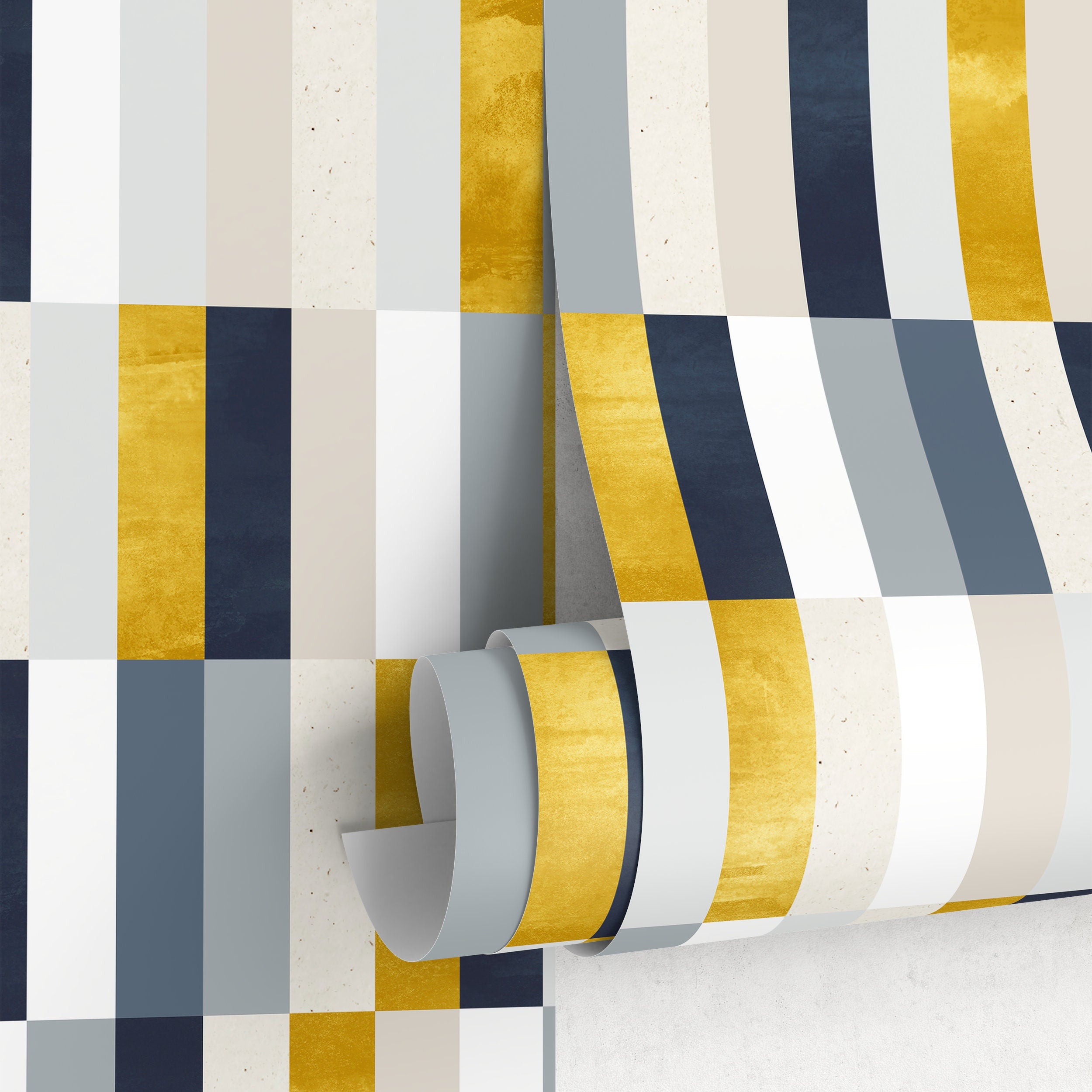 Geometric Wallpaper With A Modern Color Block Motif In Gold, Blue, And Grey - A340