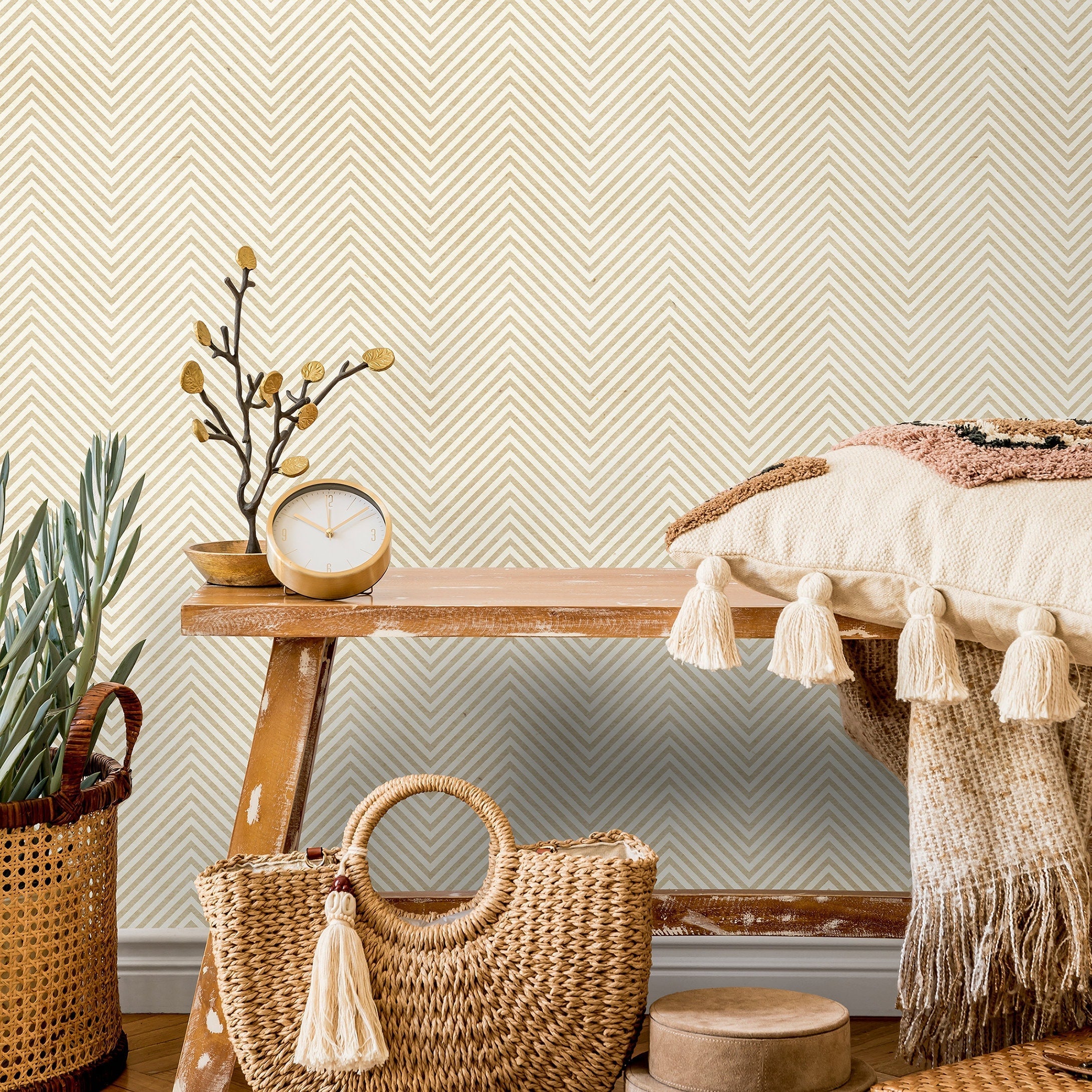 Chevron Wallpaper With A Minimalist Stripe Motif In Yellow And White - A341