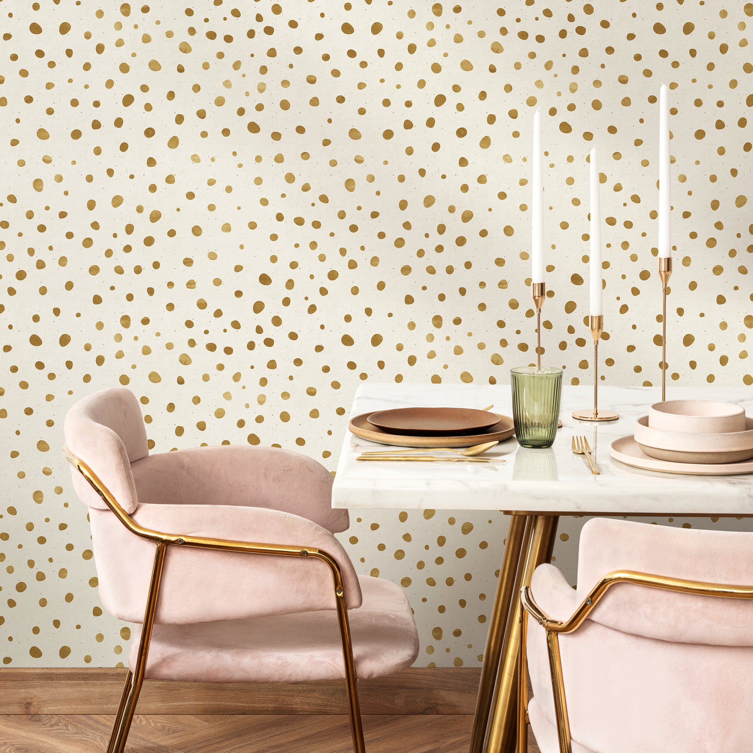 Abstract Wallpaper With Irregular Dots In Gold And Cream - A343