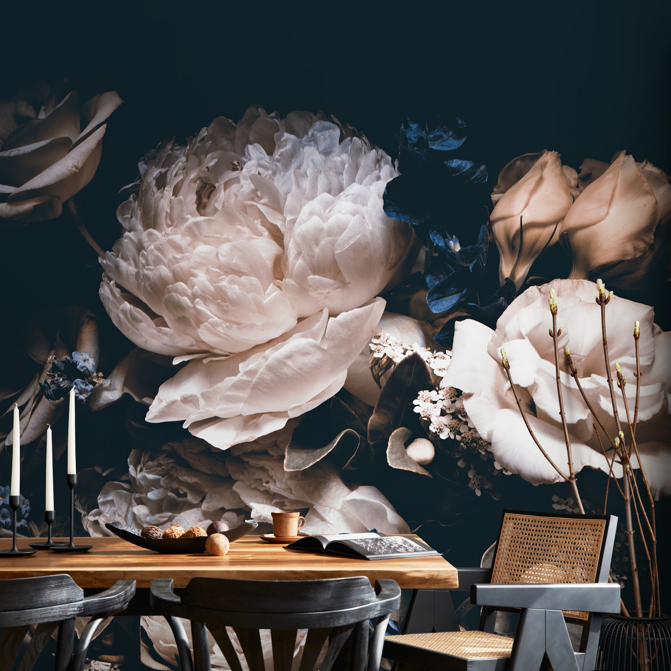 Dark Floral Wallpaper With A Moody Rose And Peony Bouquet In Cream And Blue - A344