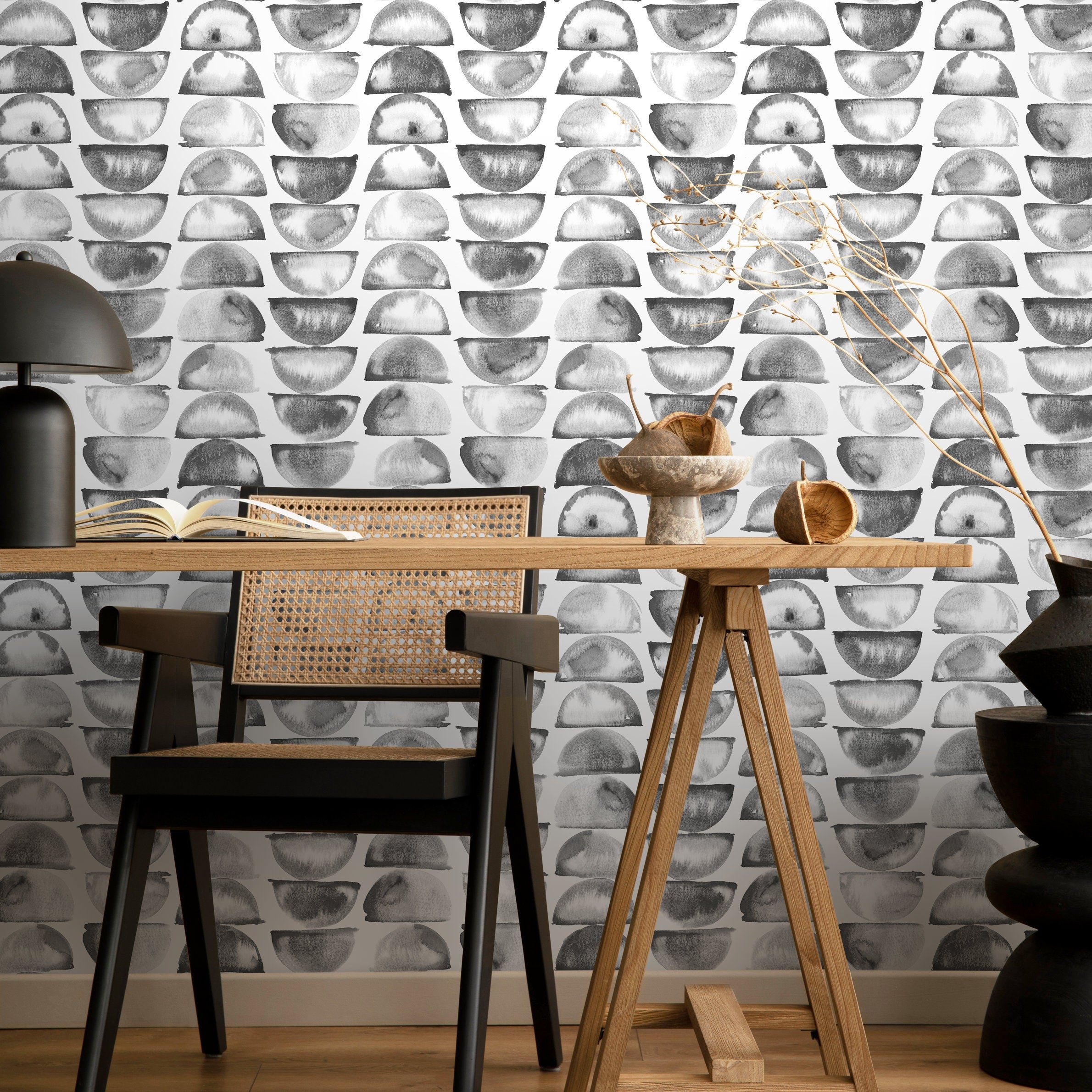 Geometric Wallpaper With A Watercolor Half-moon Motif In Gray And Black - A348