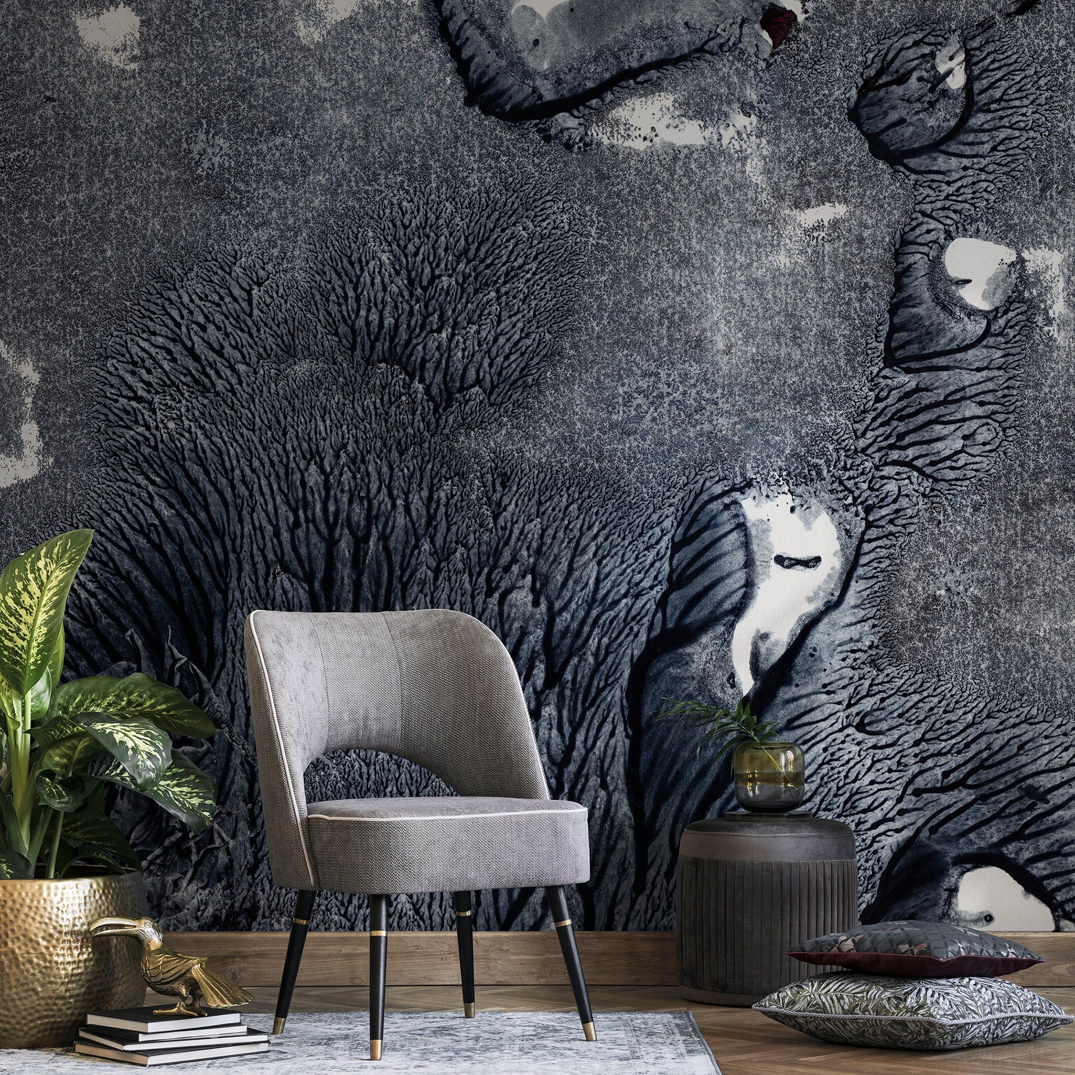 Abstract Wallpaper With A Textured Ink Blot Motif In Black, Gray, And Red - A349