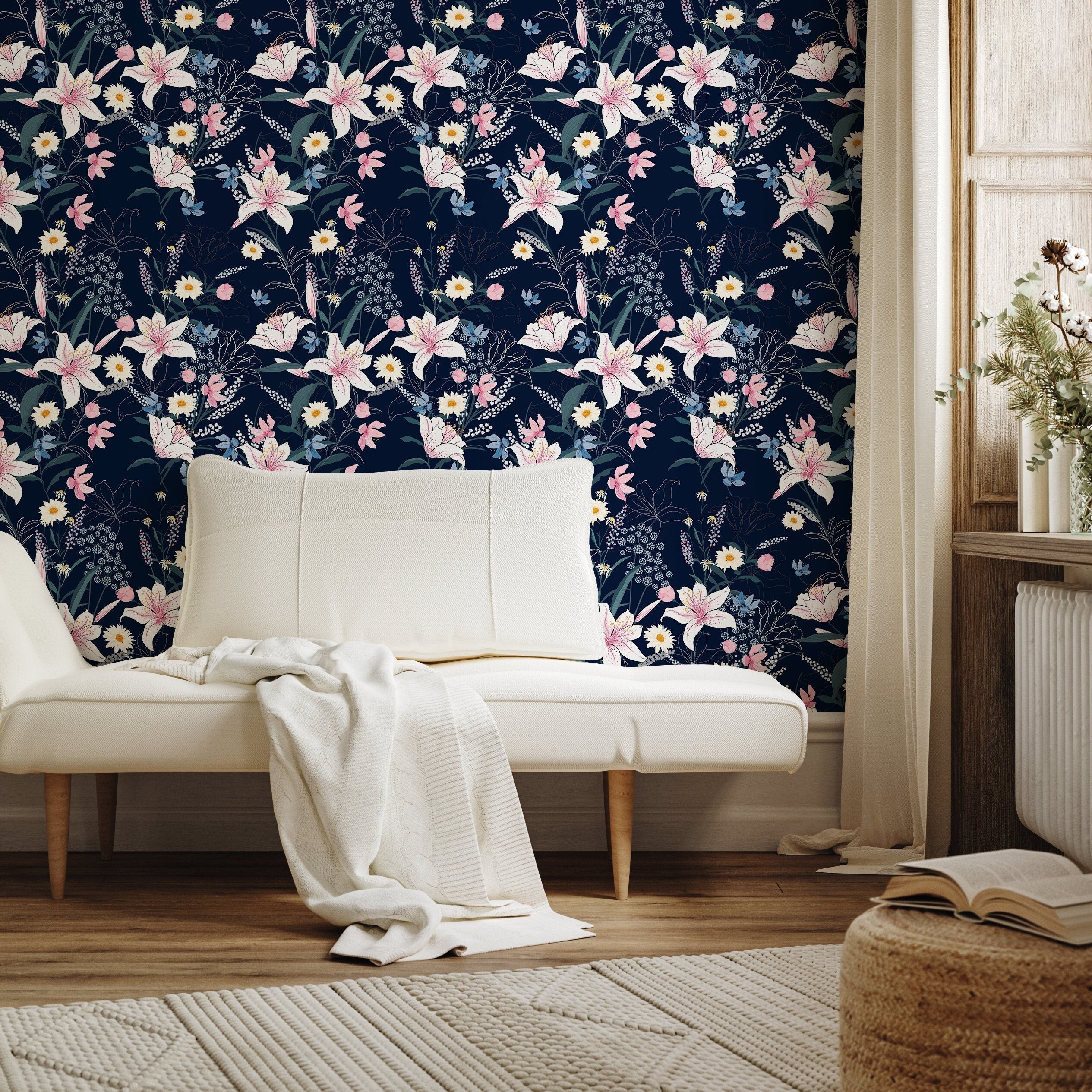 Floral Wallpaper With Lilies And Wildflowers In Navy Blue, Pink, And White - A563