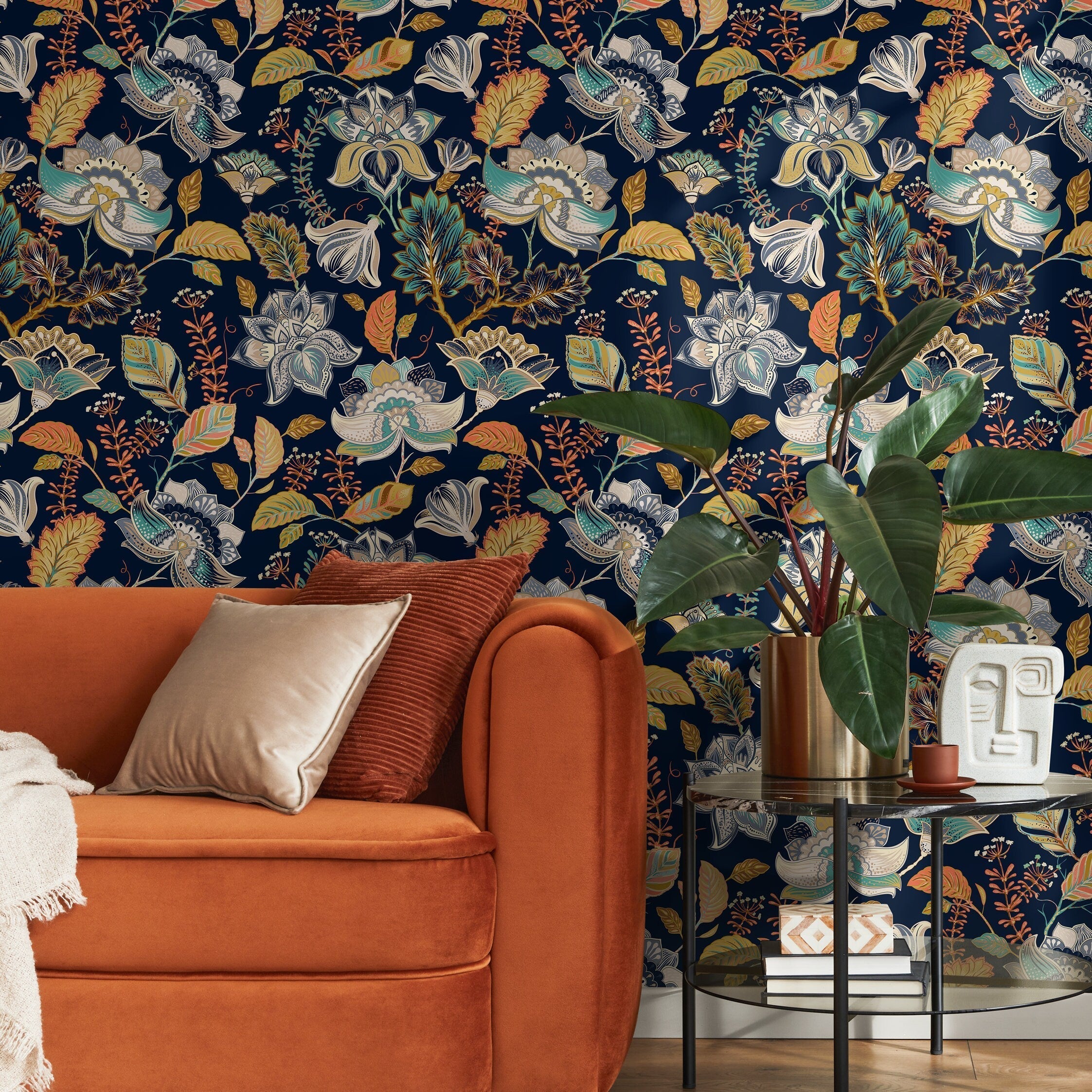 Floral Wallpaper With A Stylized Folk Art Motif In Navy Blue, Orange, And Teal - A620