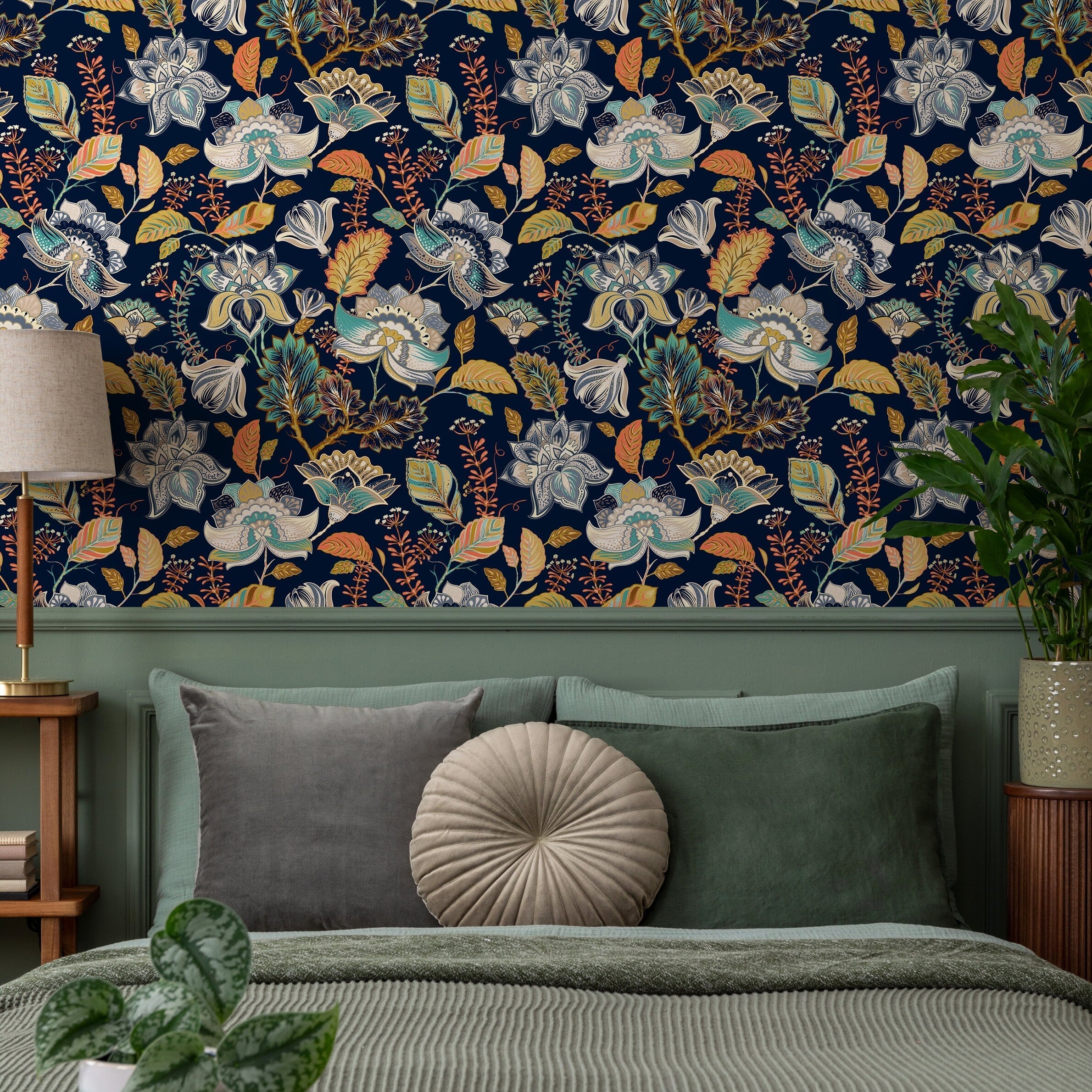 Floral Wallpaper With A Stylized Folk Art Motif In Navy Blue, Orange, And Teal - A620