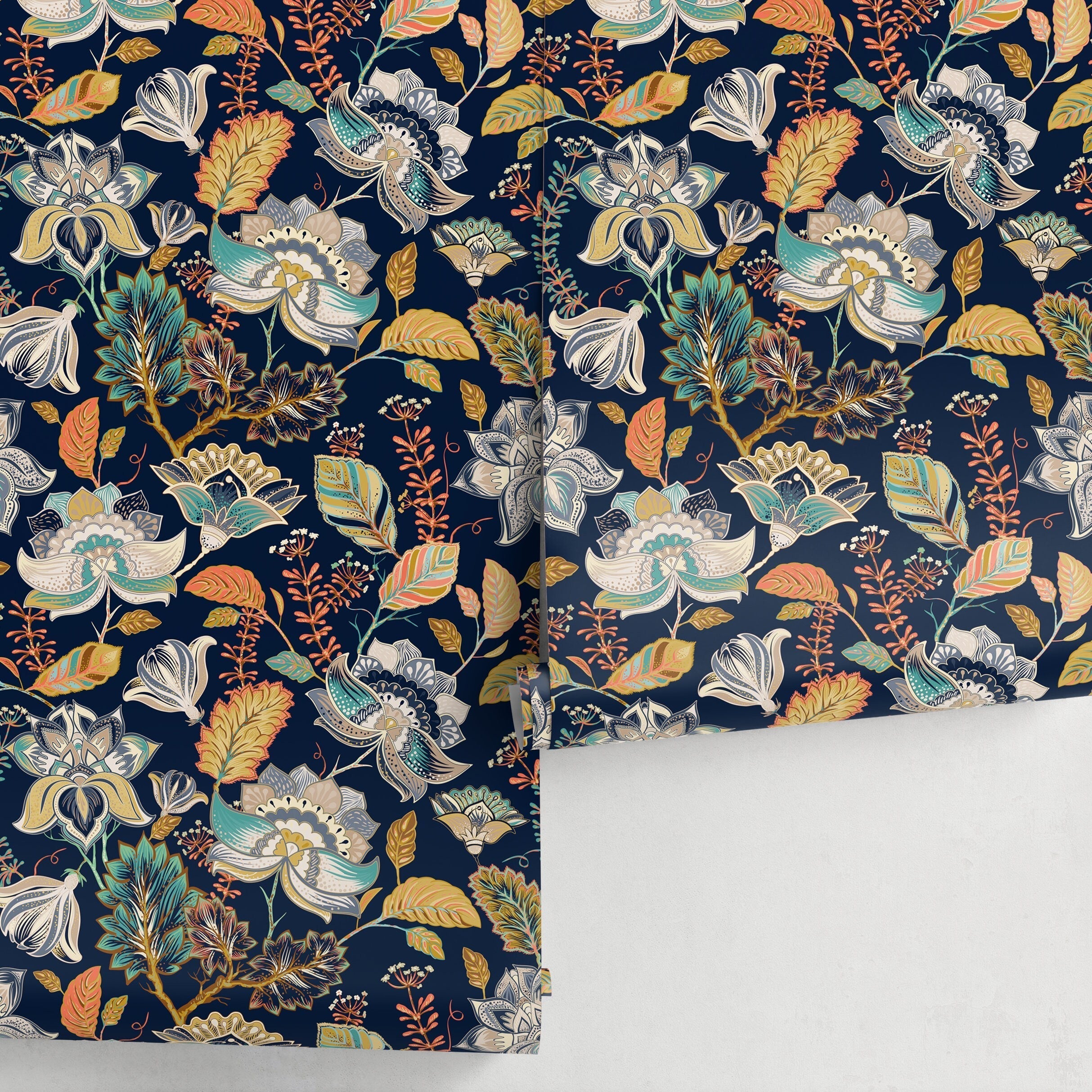 Floral Wallpaper With A Stylized Folk Art Motif In Navy Blue, Orange, And Teal - A620