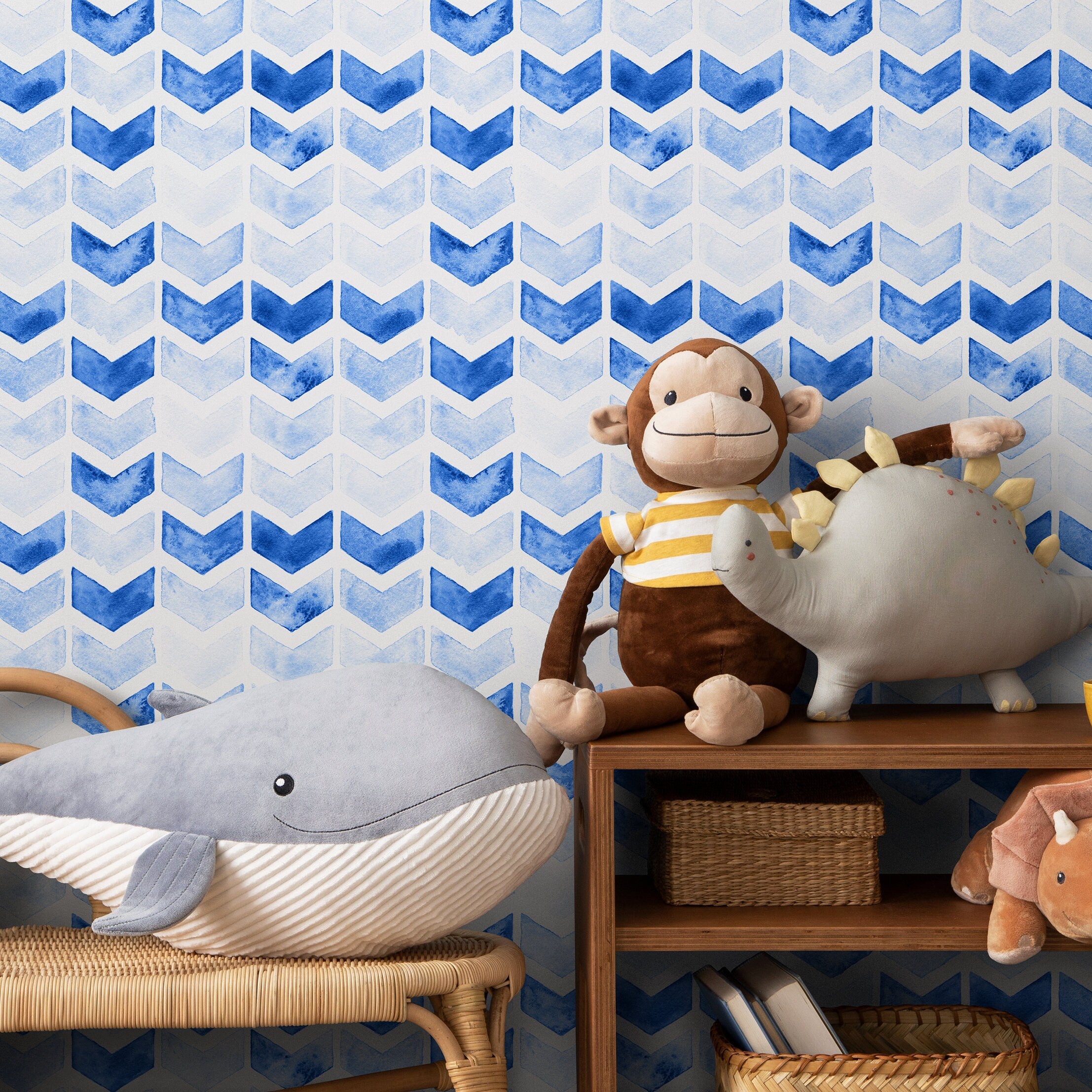 Geometric Wallpaper With A Watercolor Chevron Motif In Blue - A659