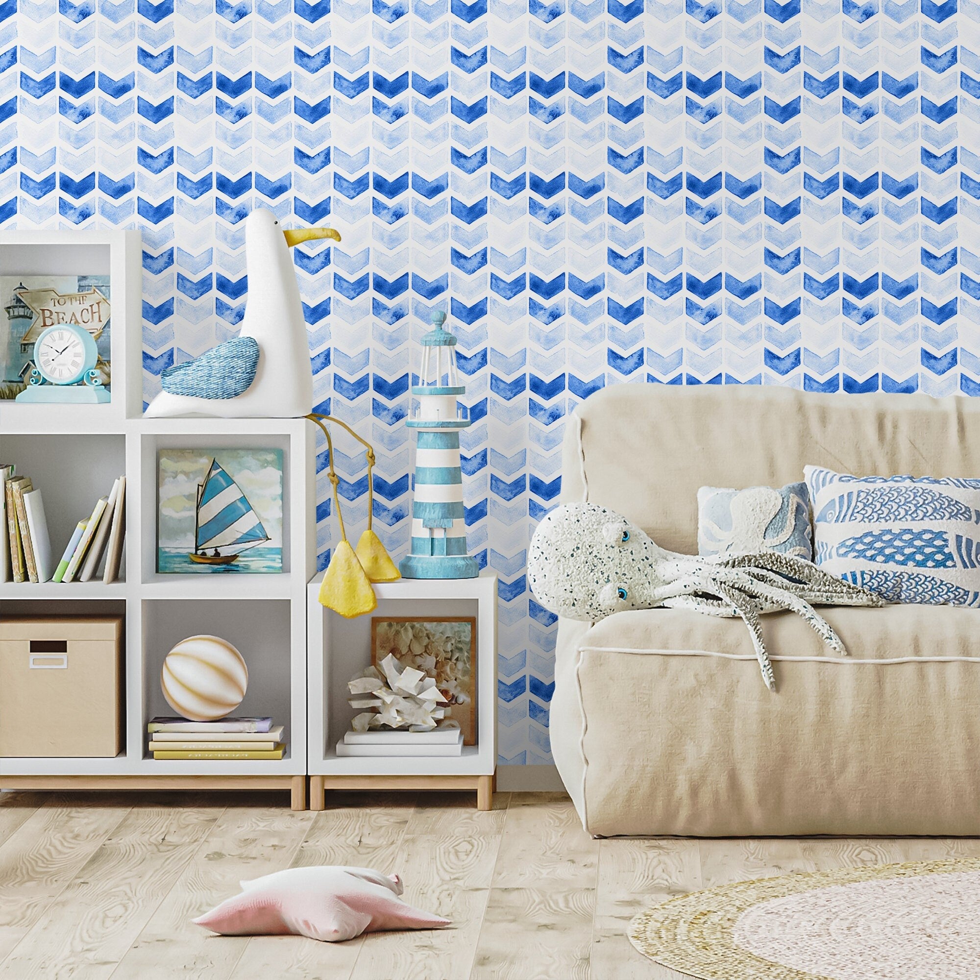Geometric Wallpaper With A Watercolor Chevron Motif In Blue - A659