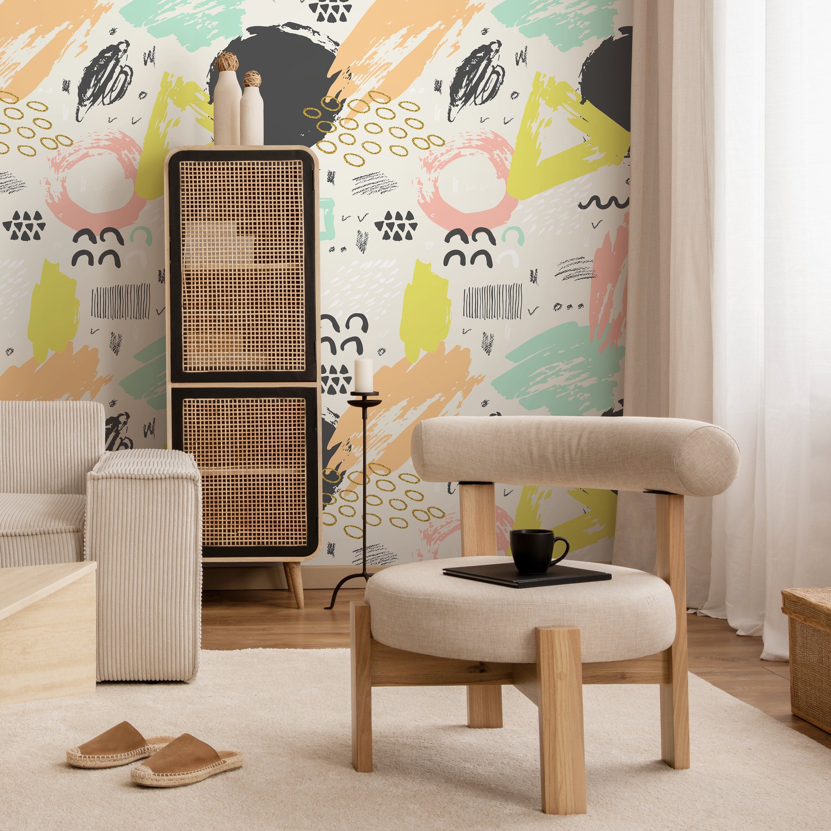 Abstract Wallpaper With Artistic Brush Strokes In Mint, Pink, And Yellow - A695