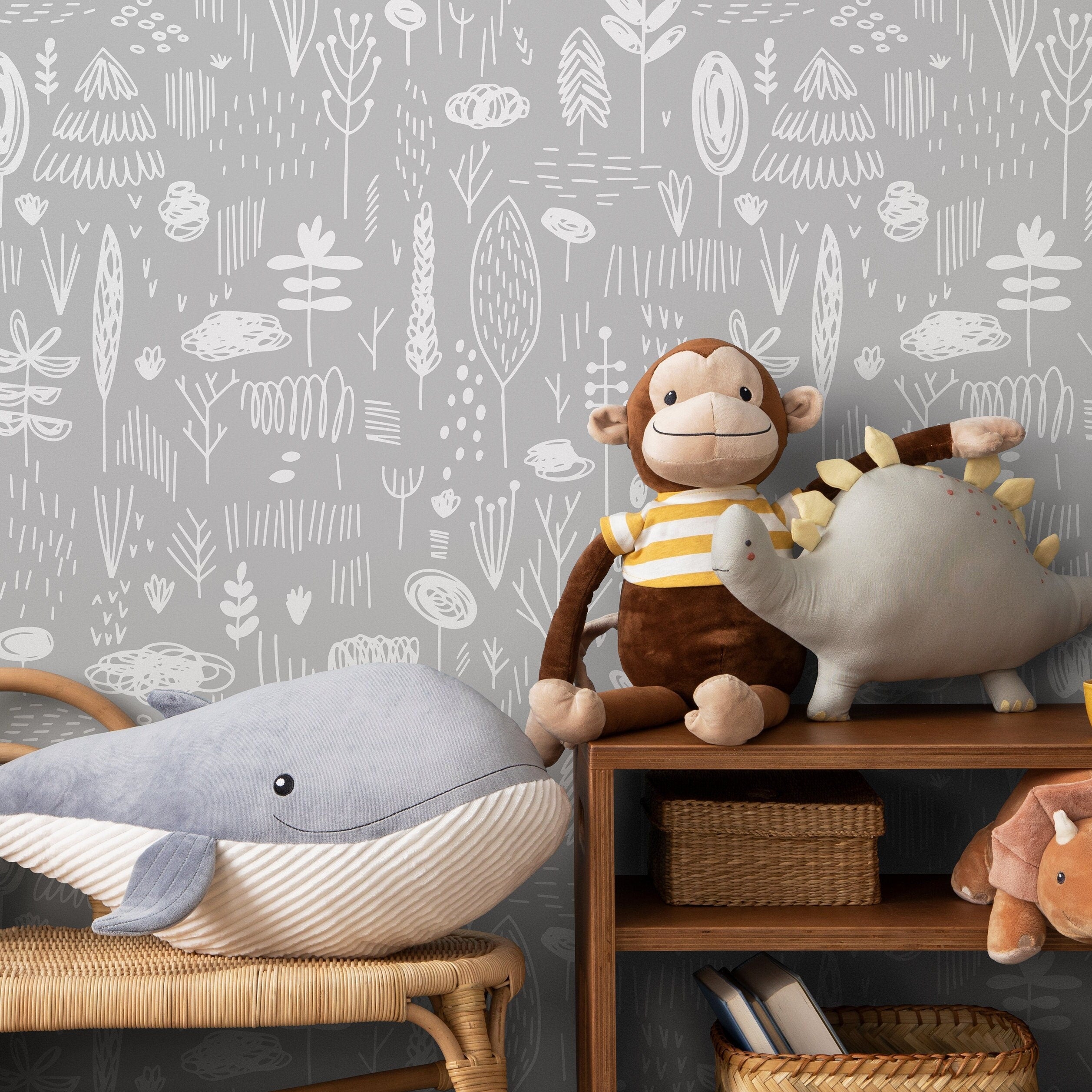 Scandinavian Wallpaper With Hand-drawn Woodland Motifs In Gray And White - A701