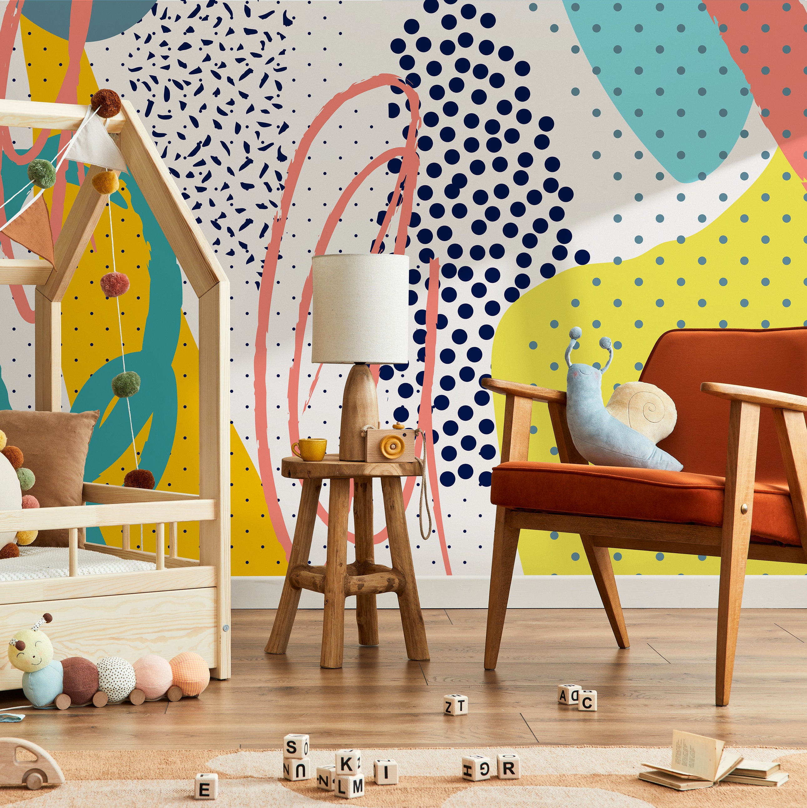 Abstract Wallpaper With Memphis Style Shapes And Dots In Blue, Yellow, And Teal - A705