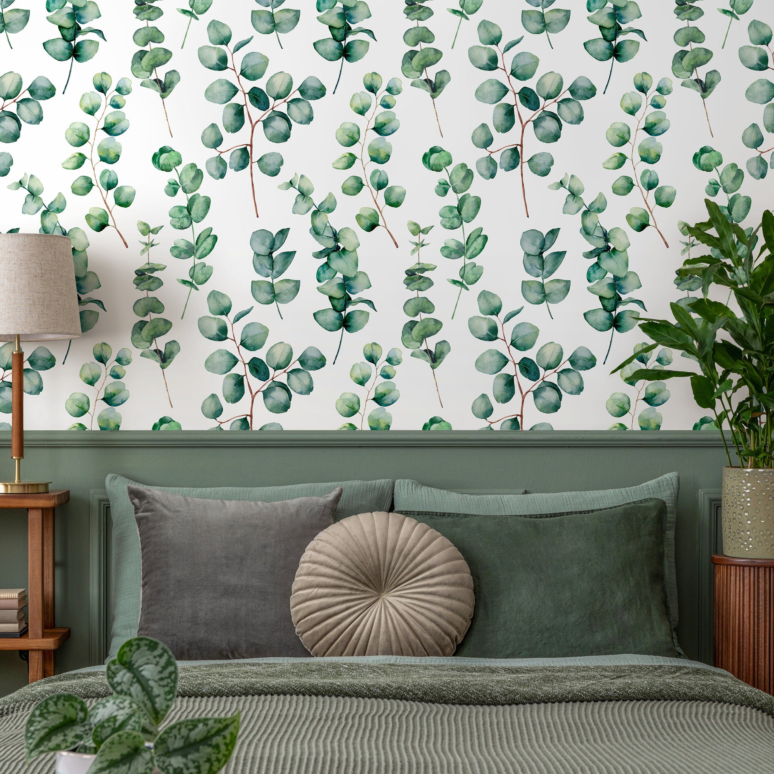 Botanical Wallpaper With A Watercolor Eucalyptus Motif In Green And Brown - A710
