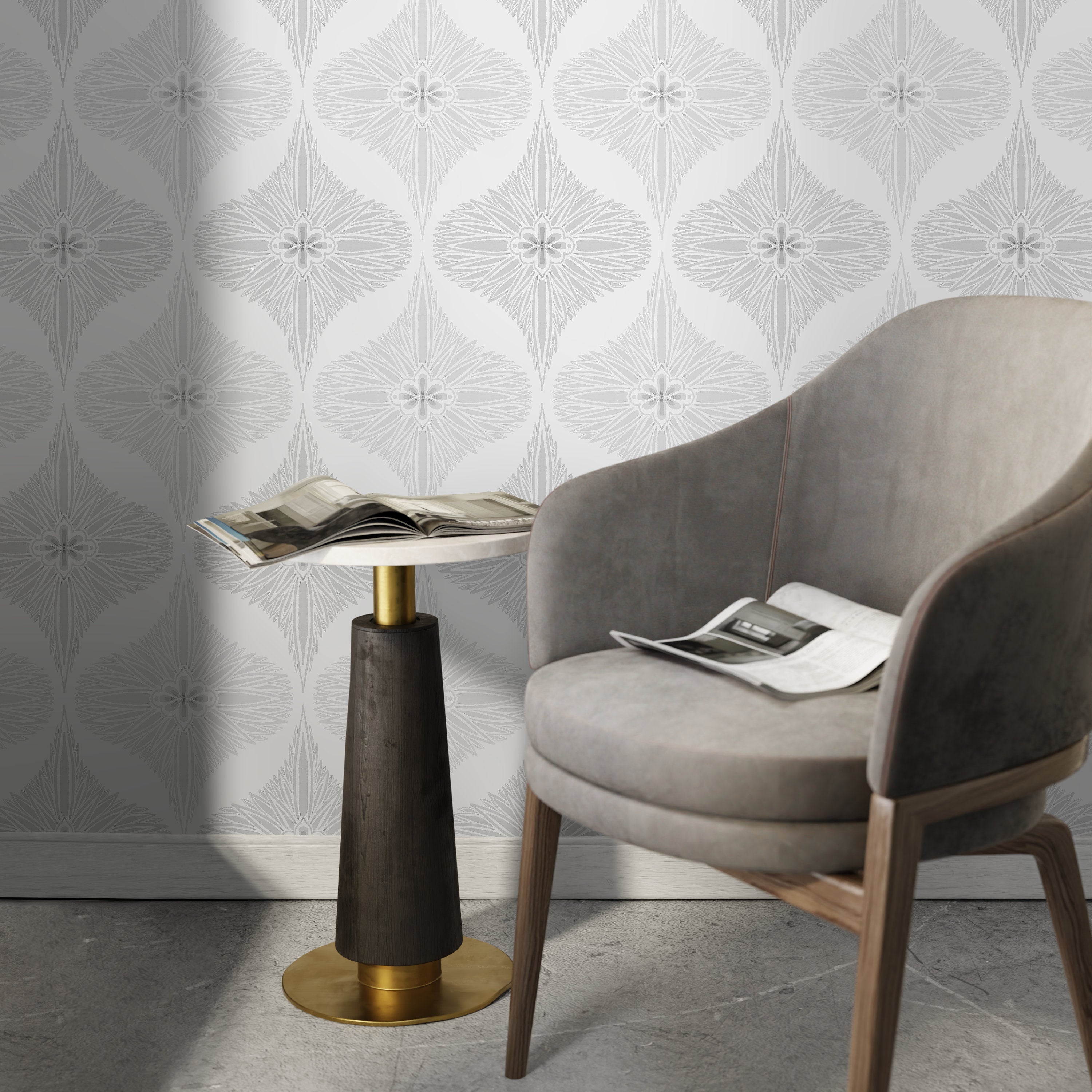 Abstract Wallpaper With An Art Deco Medallion Motif In Gray - X137