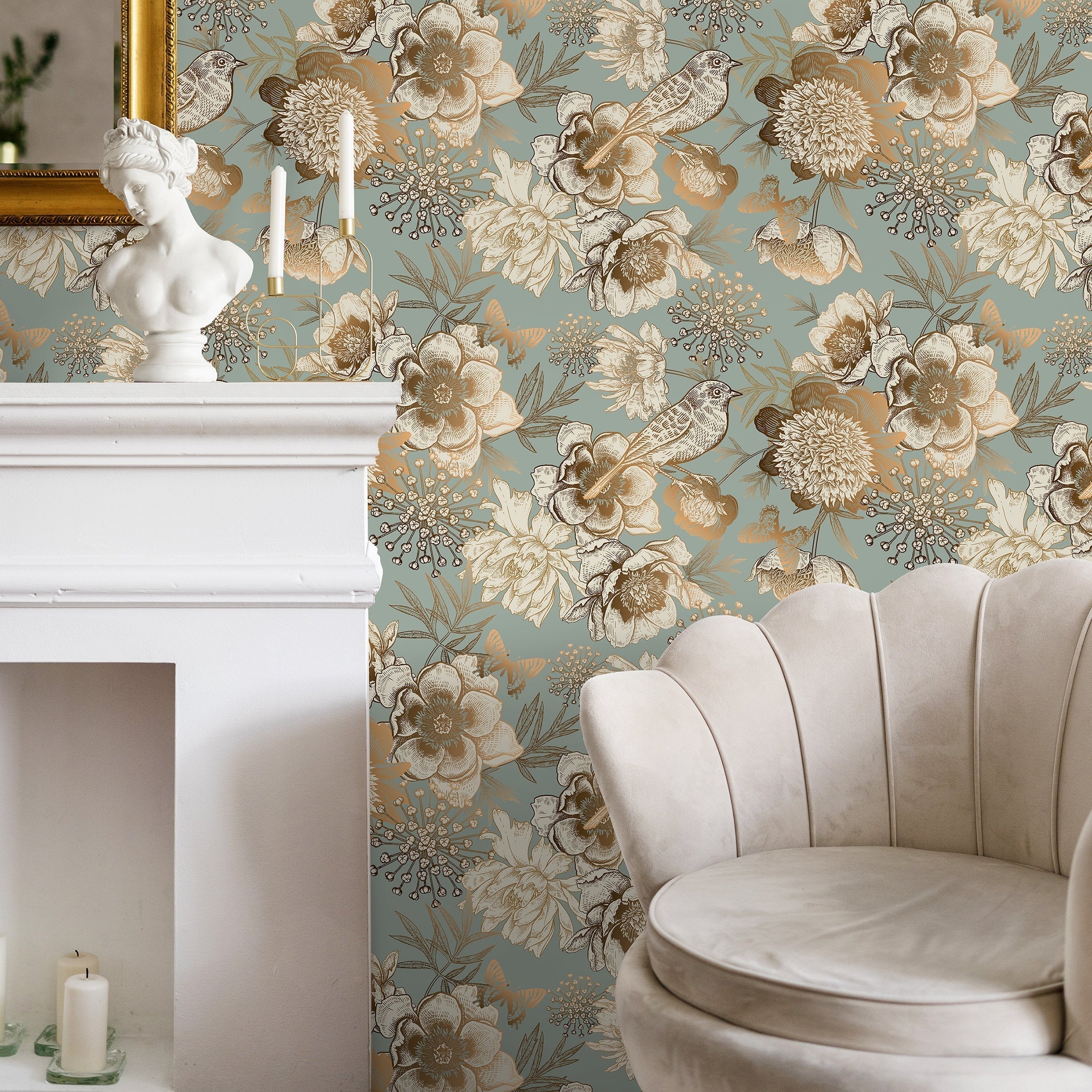 Vintage Wallpaper With Sketched Flowers And Birds In Mint, Gold, And Ivory - A918