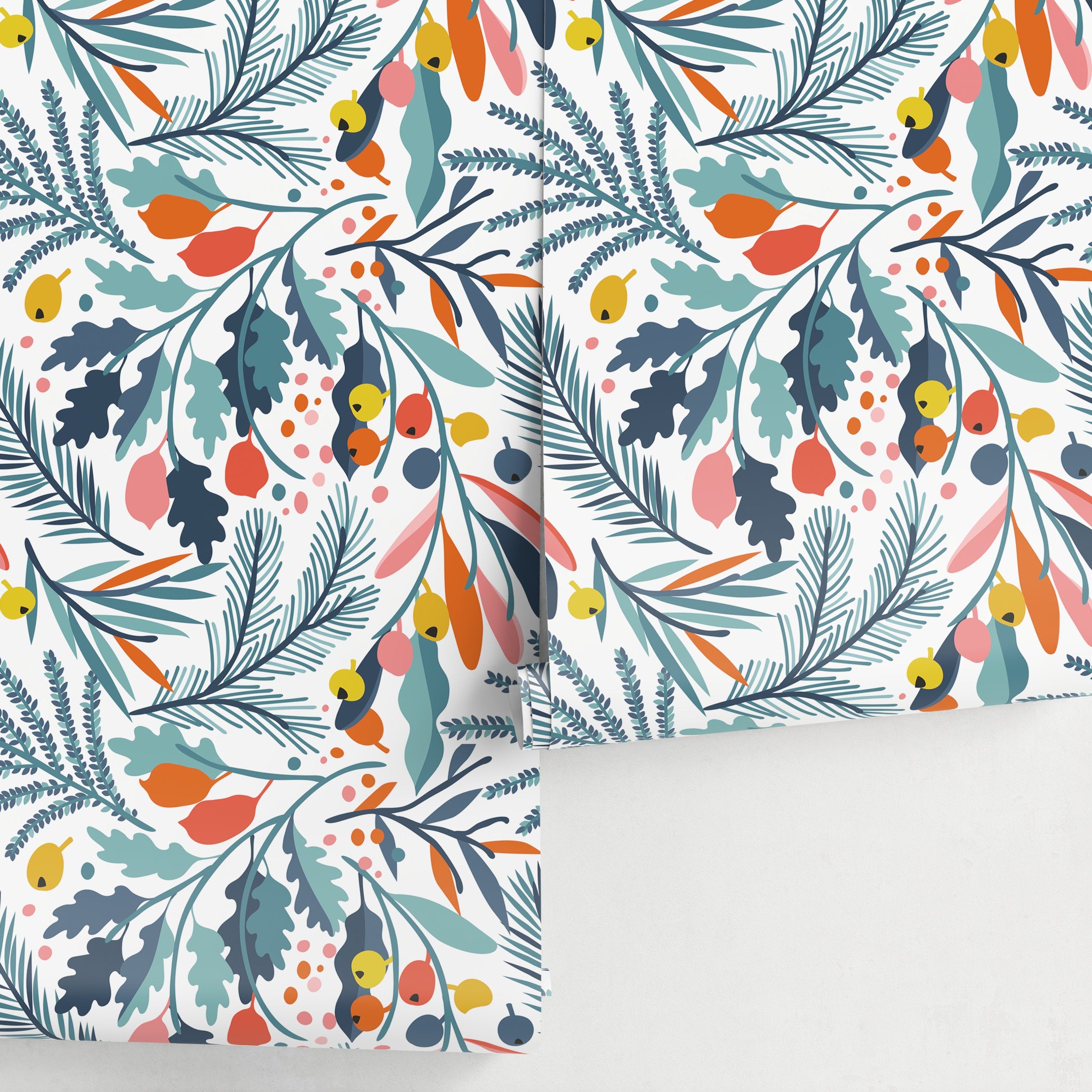 Botanical Wallpaper With Colorful Leaves And Berries In Blue, Orange, And Pink - A713
