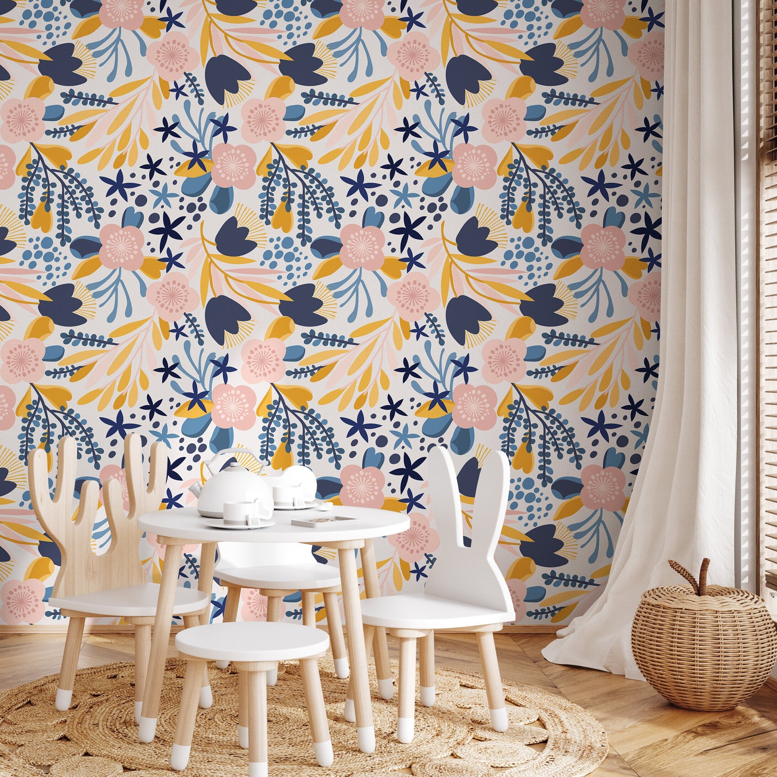 Scandinavian Wallpaper With Stylized Flowers In Navy Blue, Yellow, And Pink - A714