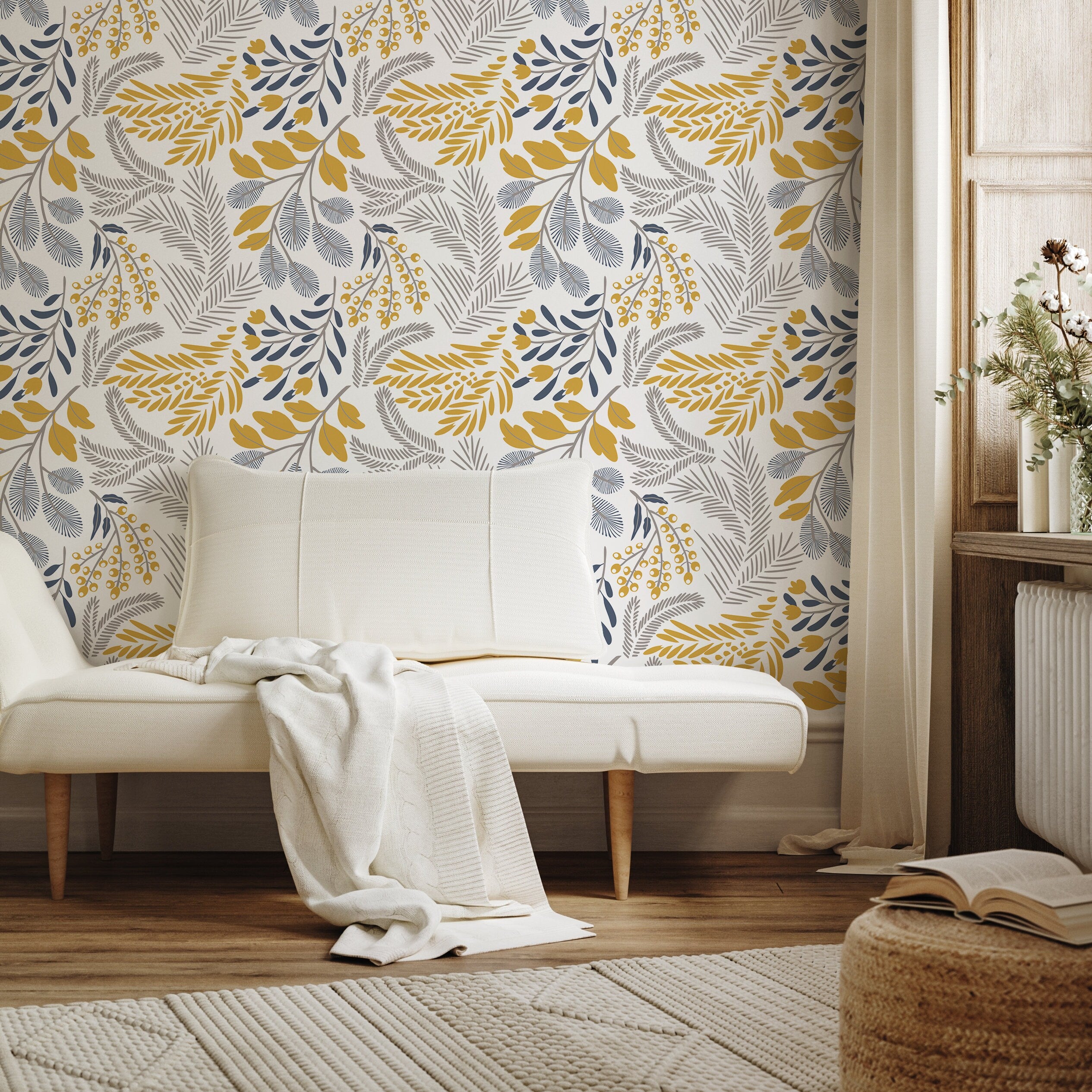 Botanical Wallpaper With Stylized Ferns And Leaves In Yellow, Blue, And Gray - A722
