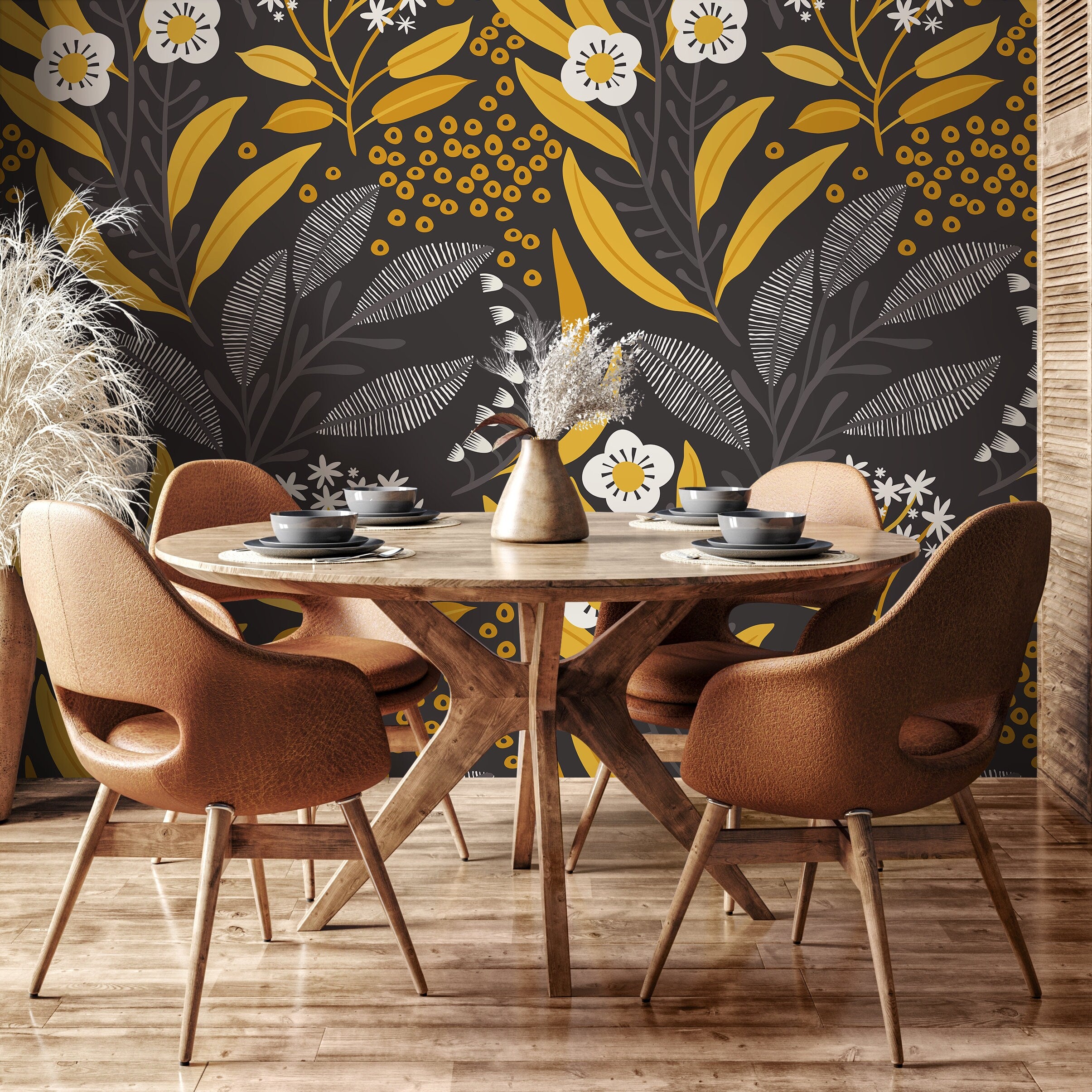 Floral Wallpaper With A Scandinavian Folk Art Motif In Yellow, White, And Grey - A723