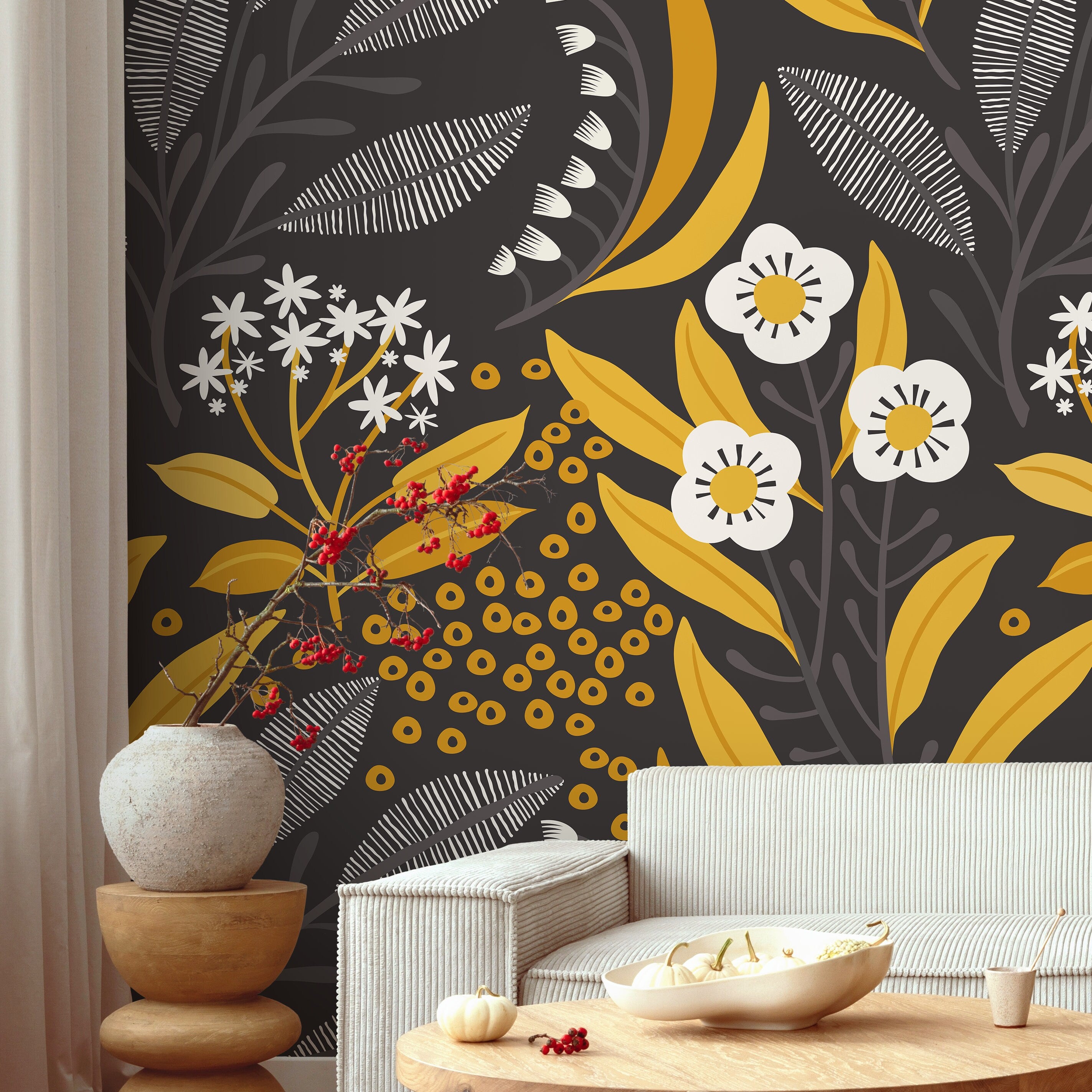 Floral Wallpaper With A Scandinavian Folk Art Motif In Yellow, White, And Grey - A723