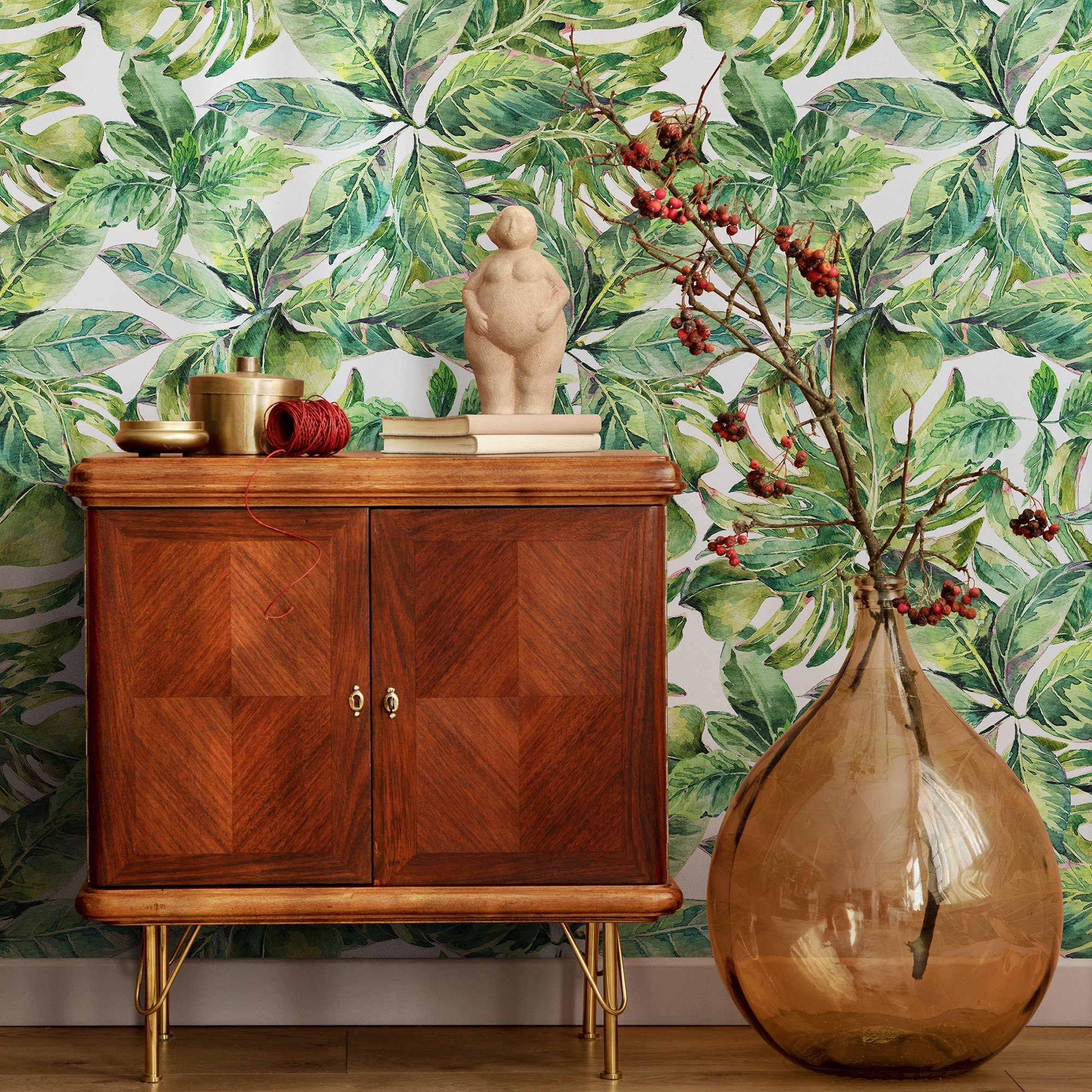 Tropical Wallpaper Featuring Lush Monstera Leaves In Green - A734