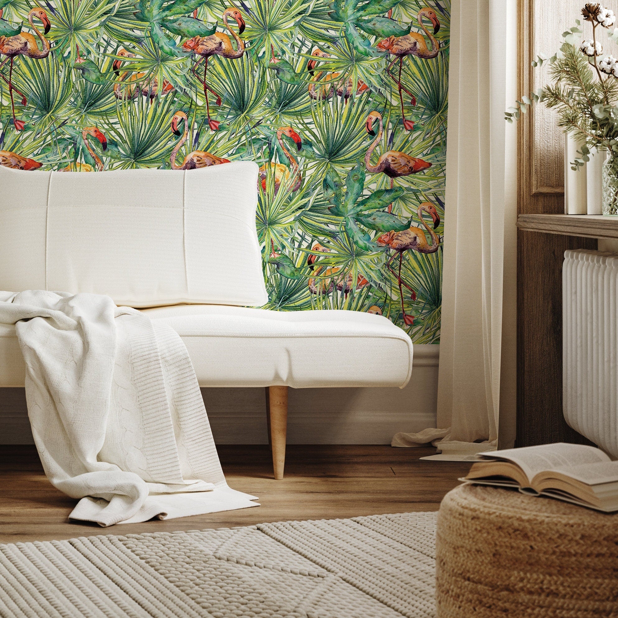 Tropical Wallpaper With Watercolor Flamingos In Green And Pink - A747