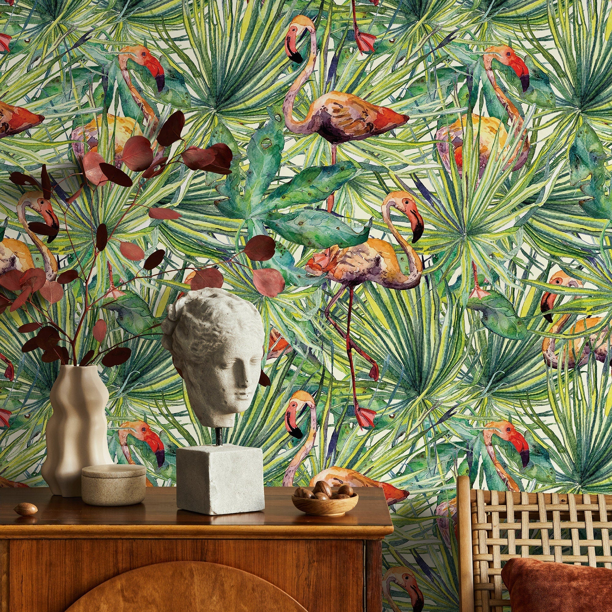 Tropical Wallpaper With Watercolor Flamingos In Green And Pink - A747