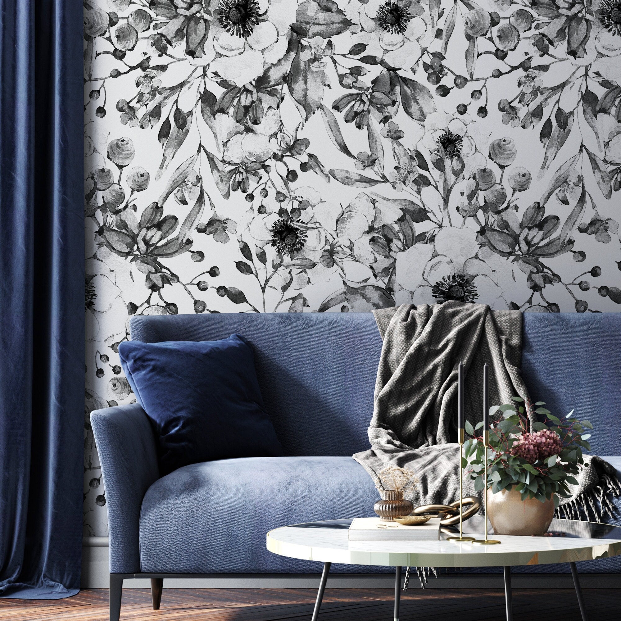 Floral Wallpaper With A Watercolor Anemone Motif In Black And White - A752