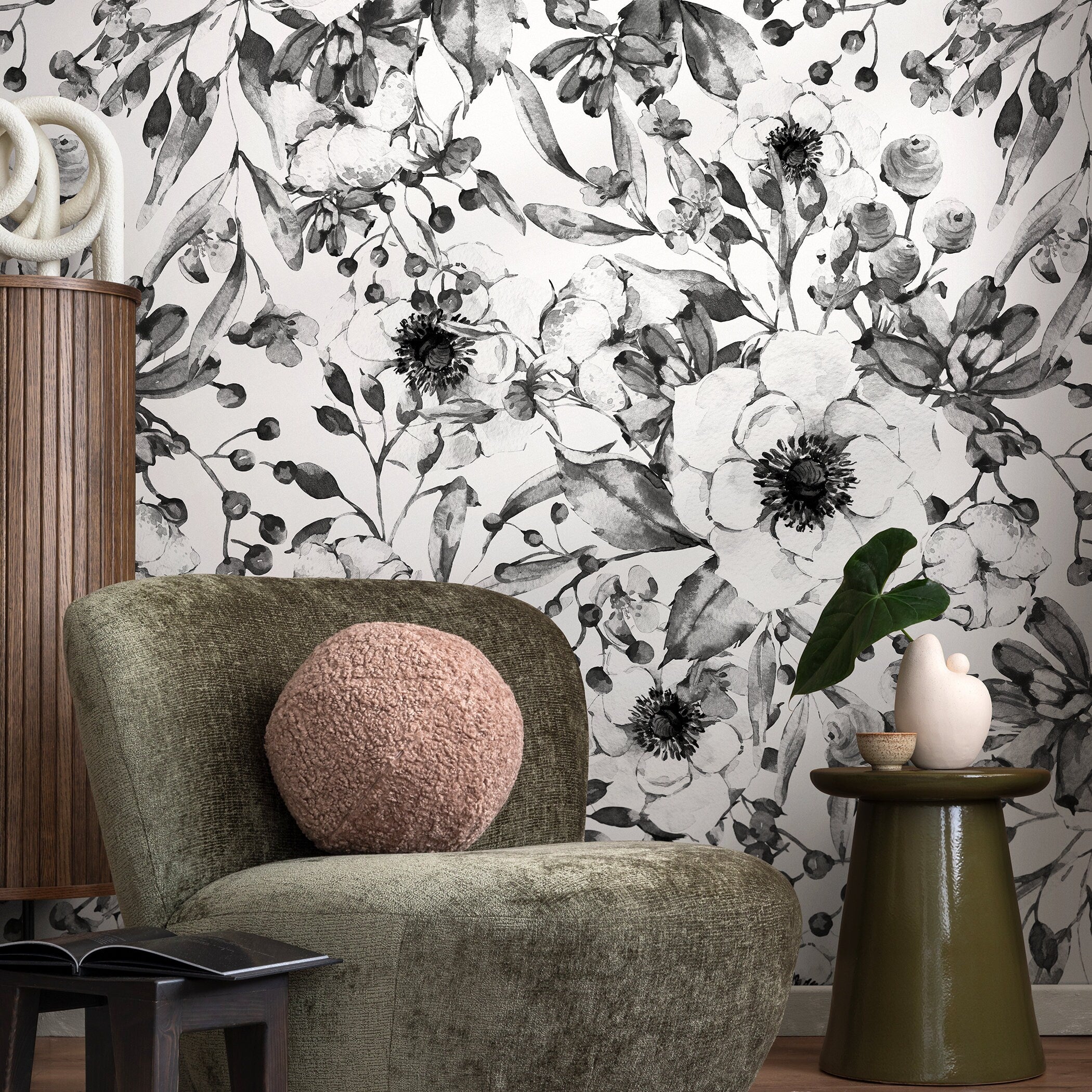 Floral Wallpaper With A Watercolor Anemone Motif In Black And White - A752