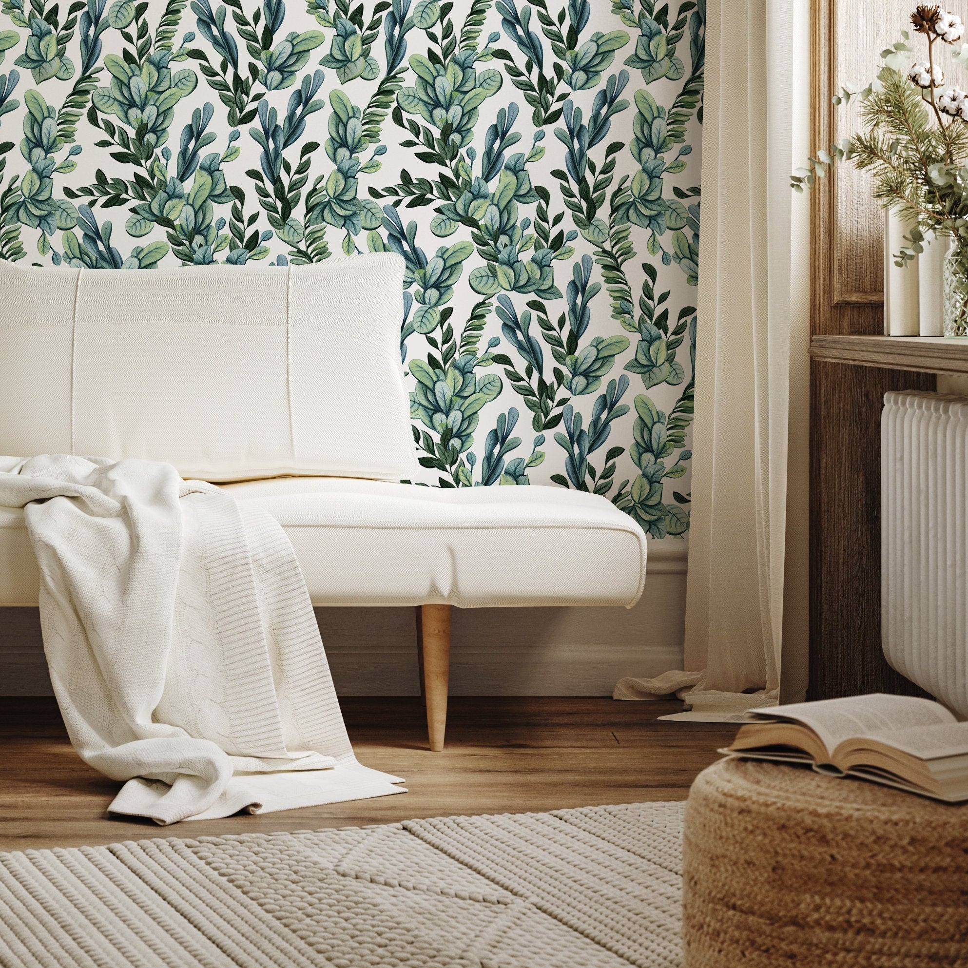 Botanical Wallpaper With Lush Greenery In Green And Teal - A757