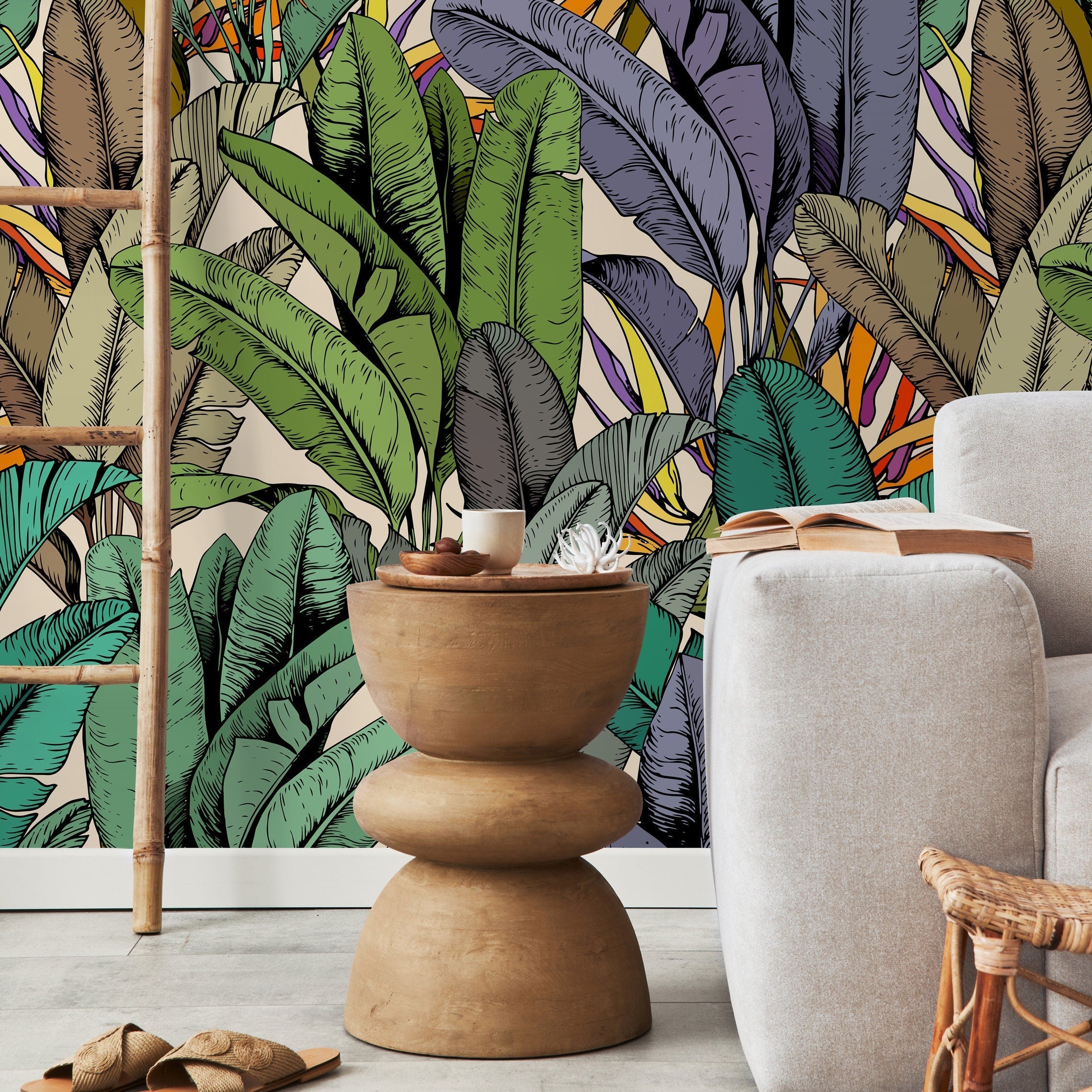 Tropical Wallpaper Featuring Illustrated Banana Leaves In Green, Purple, And Orange - A765