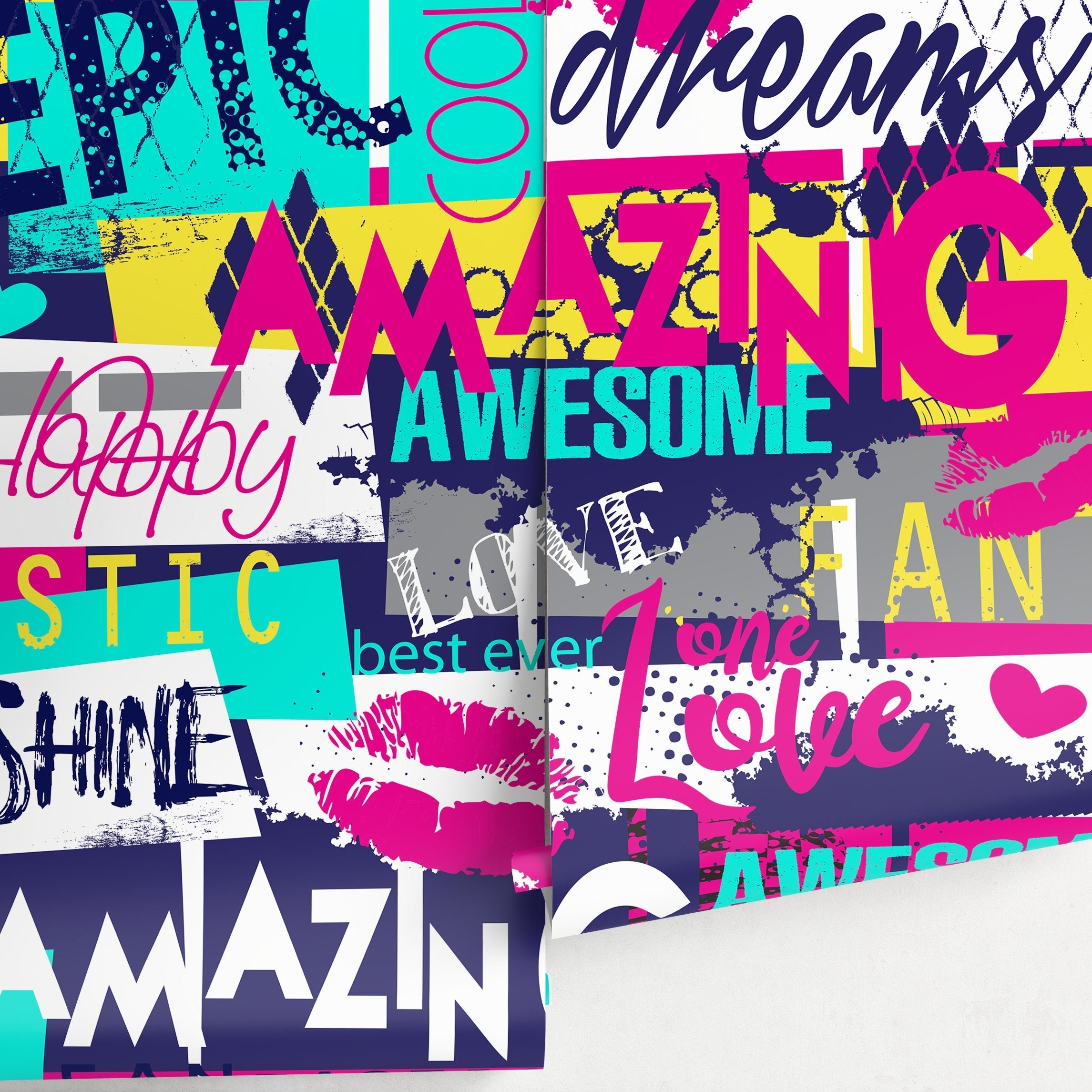 Graffiti Wallpaper With A Street Art Collage In Pink, Blue, And Yellow - A784