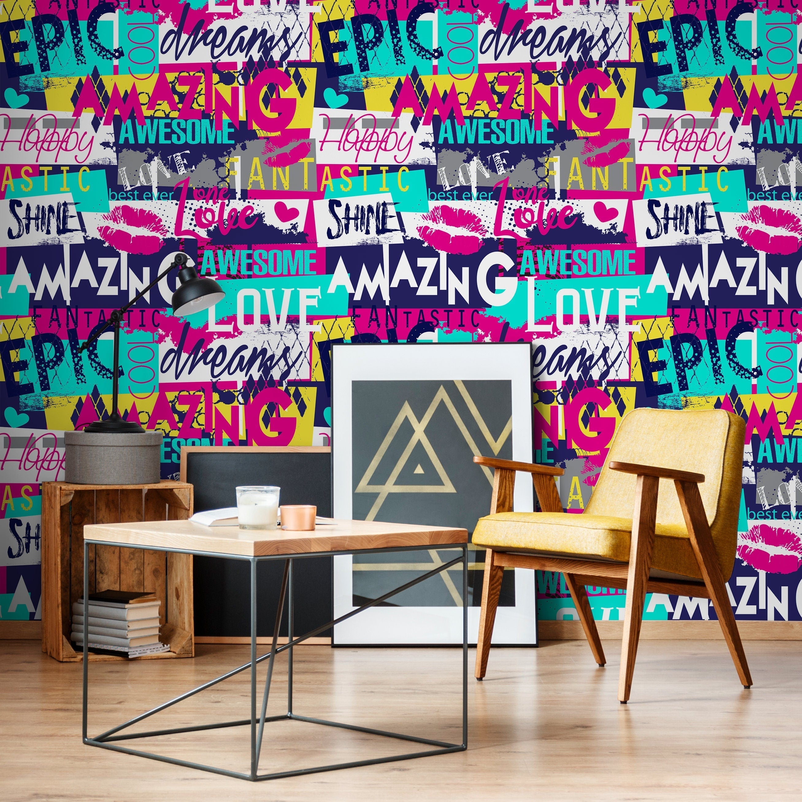 Graffiti Wallpaper With A Street Art Collage In Pink, Blue, And Yellow - A784