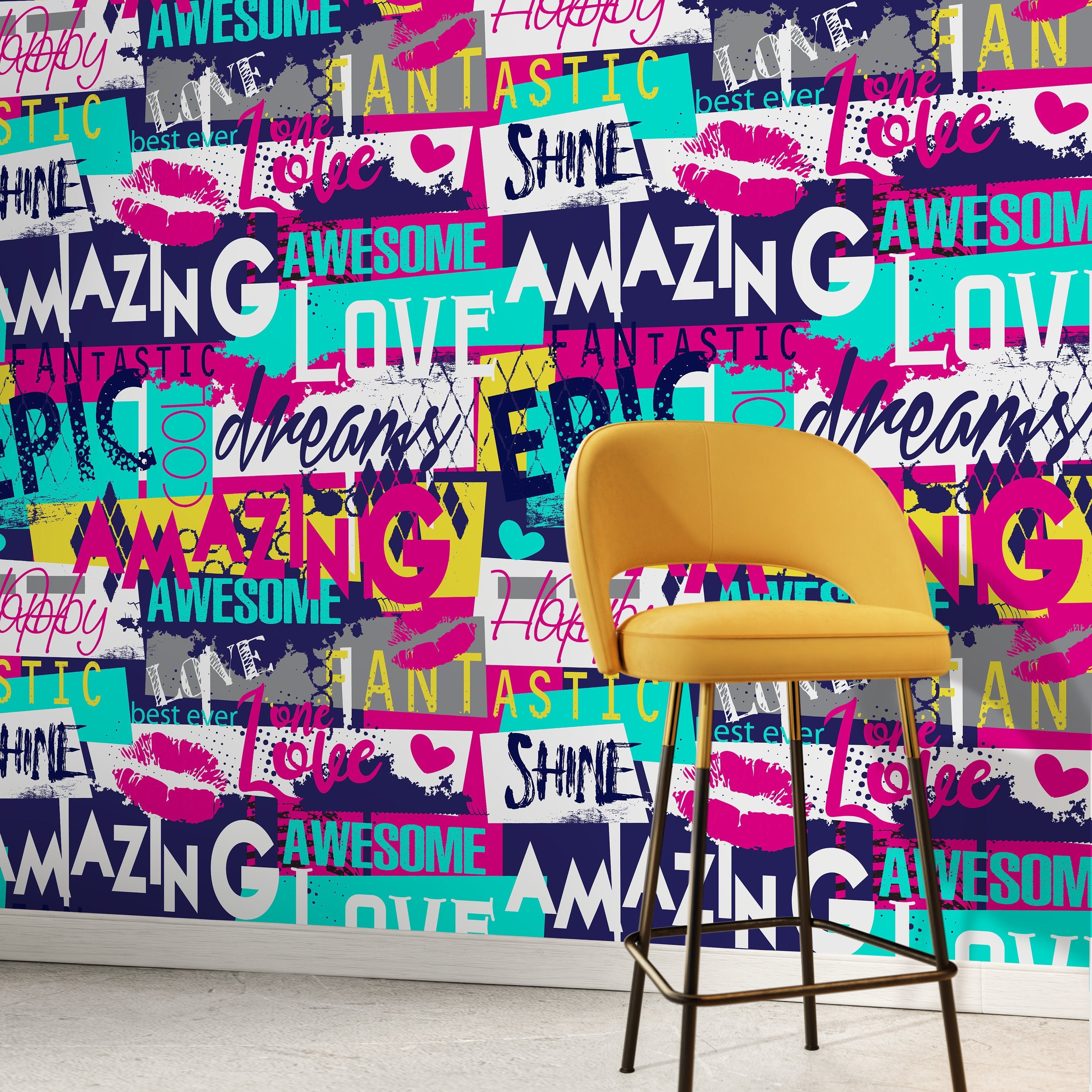 Graffiti Wallpaper With A Street Art Collage In Pink, Blue, And Yellow - A784