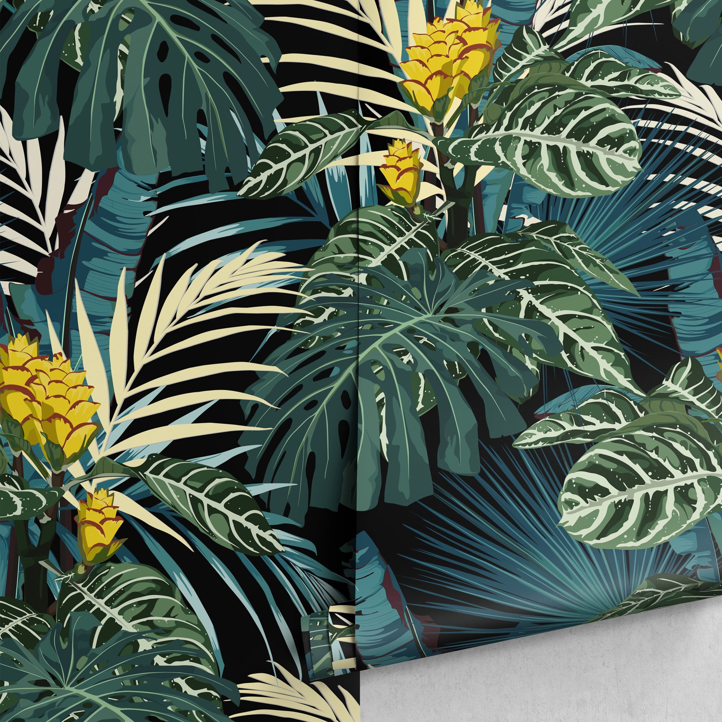 Tropical Wallpaper With Lush Jungle Foliage In Green, Yellow, And Black - A800