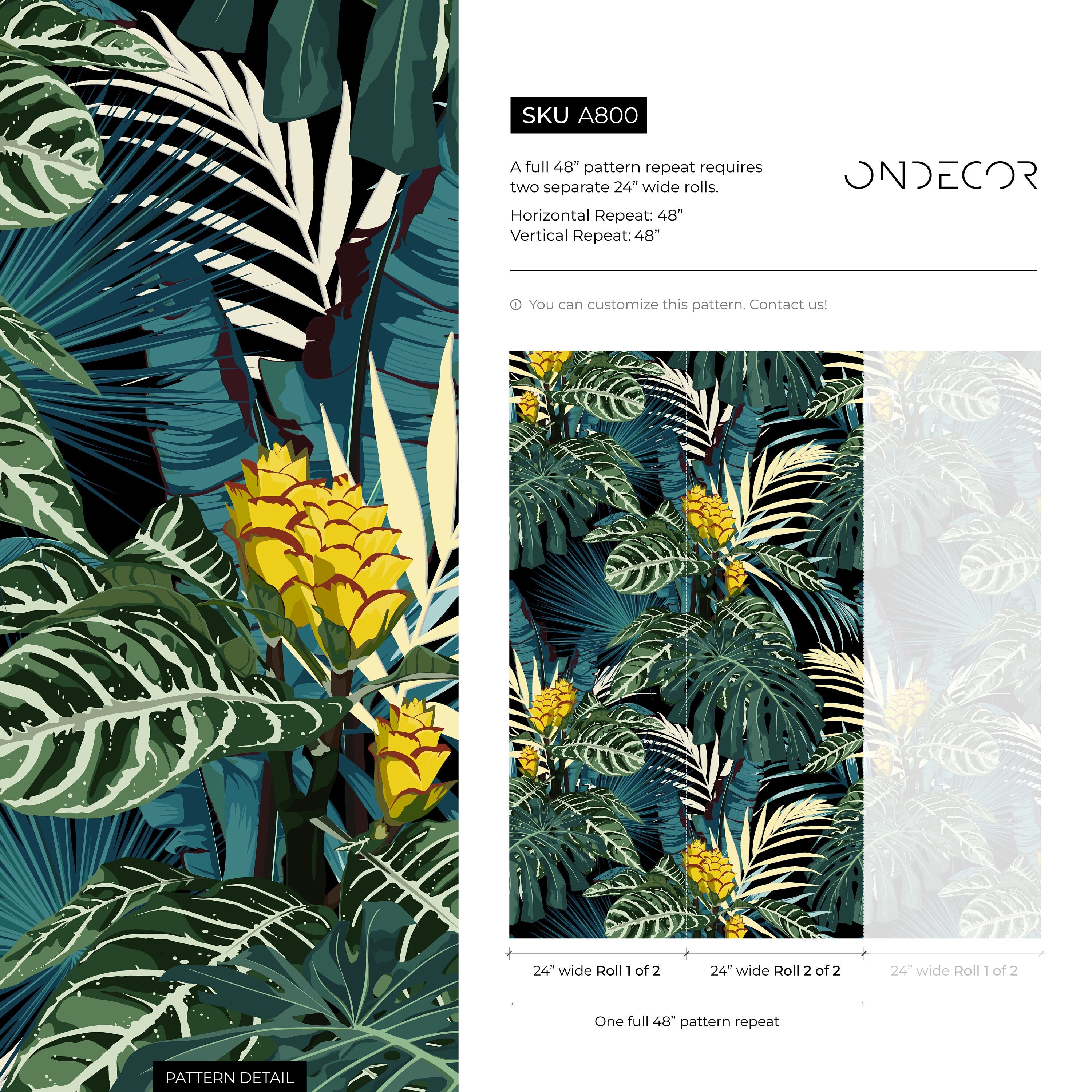 Tropical Wallpaper With Lush Jungle Foliage In Green, Yellow, And Black - A800
