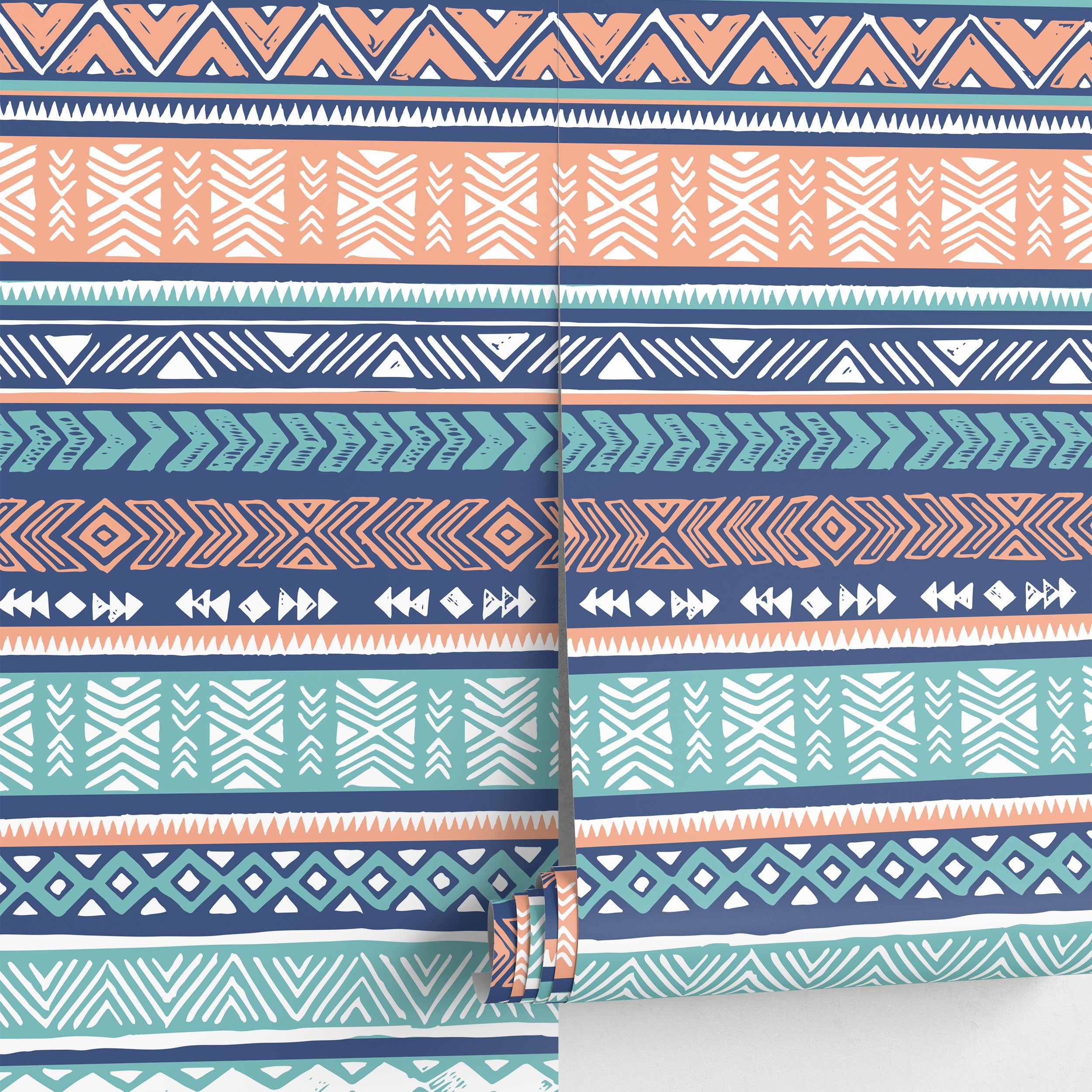 Tribal Wallpaper With Ethnic Geometric Stripes In Blue, Terracotta, And Teal - A818