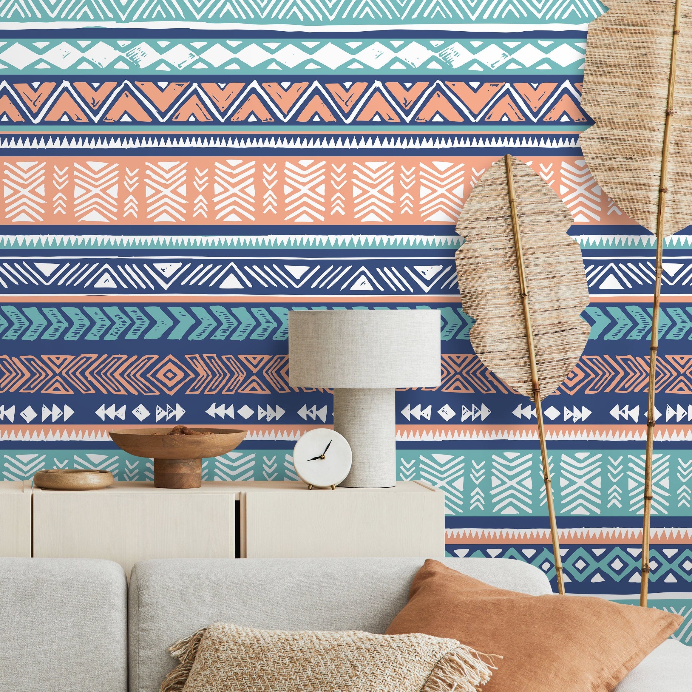 Tribal Wallpaper With Ethnic Geometric Stripes In Blue, Terracotta, And Teal - A818