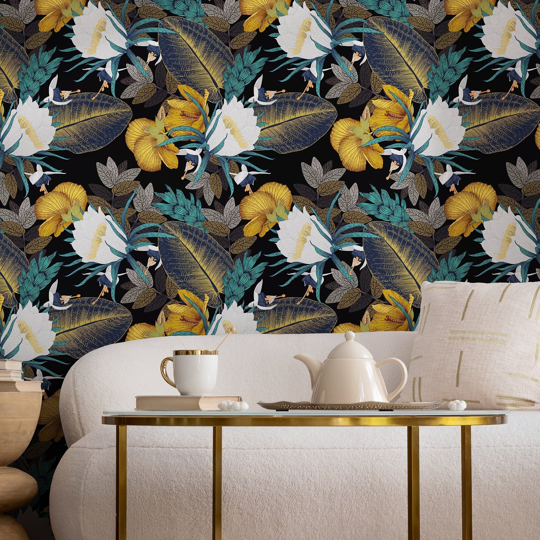 Tropical Wallpaper With Exotic Hibiscus In Yellow, Teal, And White - A821