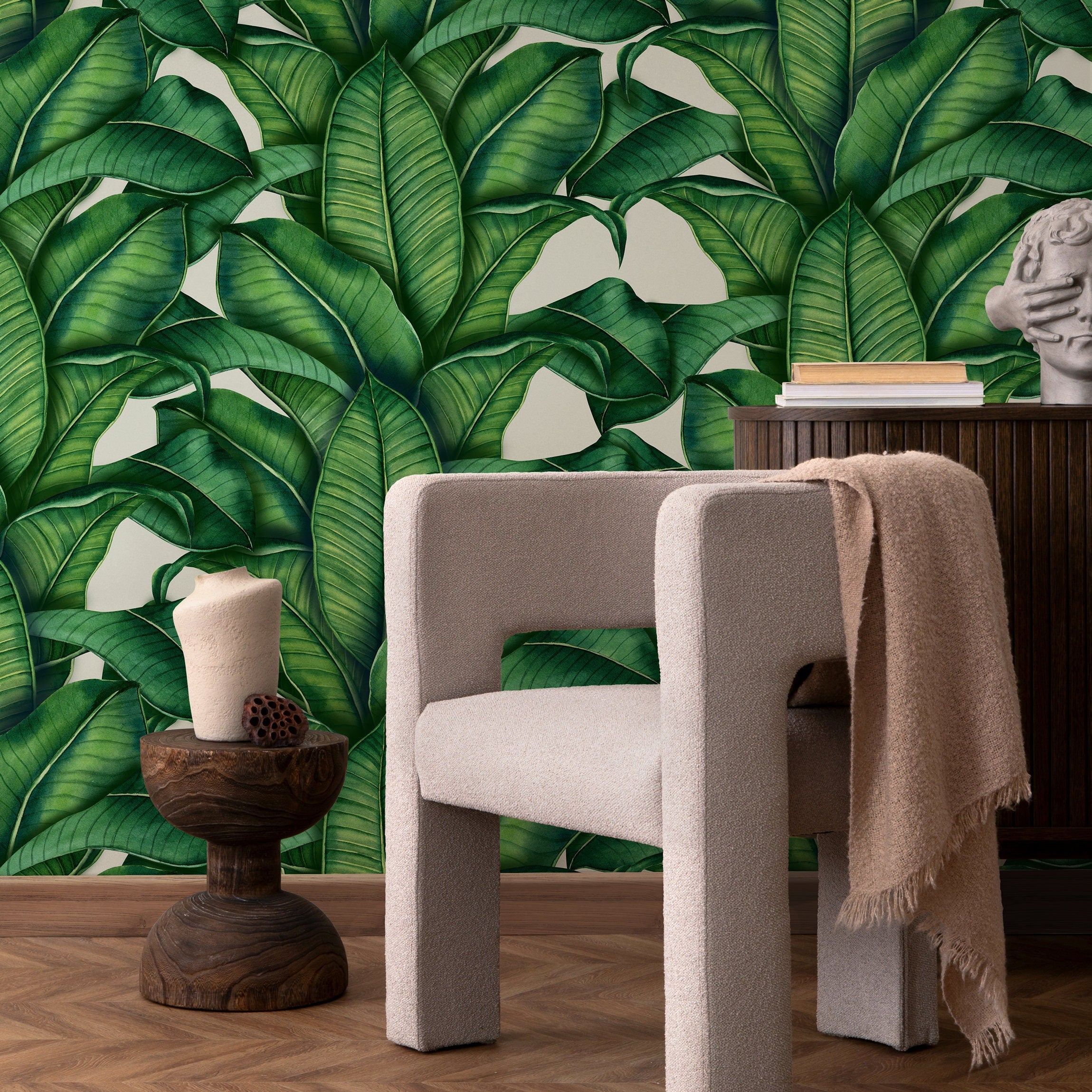 Tropical Wallpaper Featuring Lush Banana Leaves In Green - A256