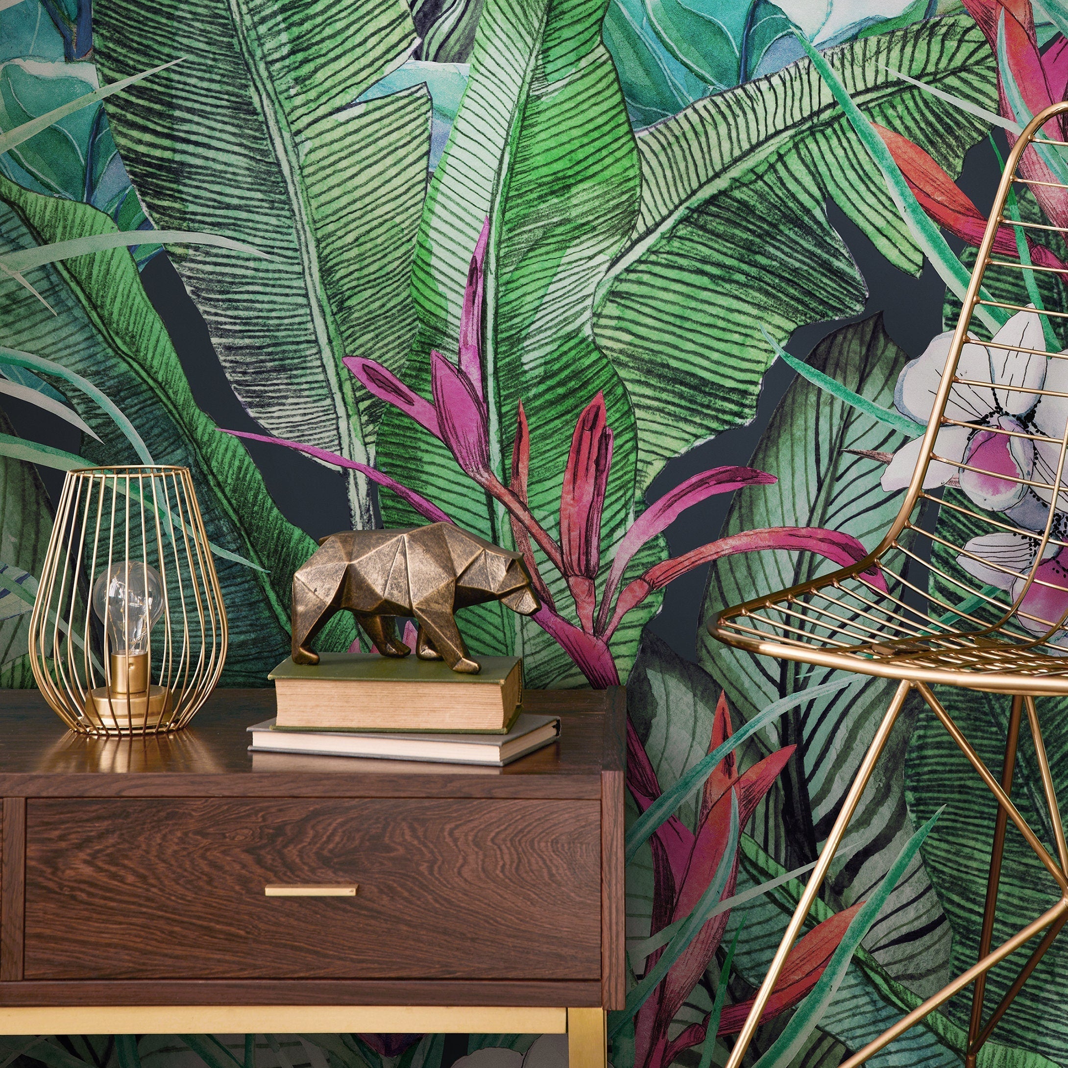 Tropical Wallpaper With Lush Jungle Leaves And Orchids In Green And Pink - A673