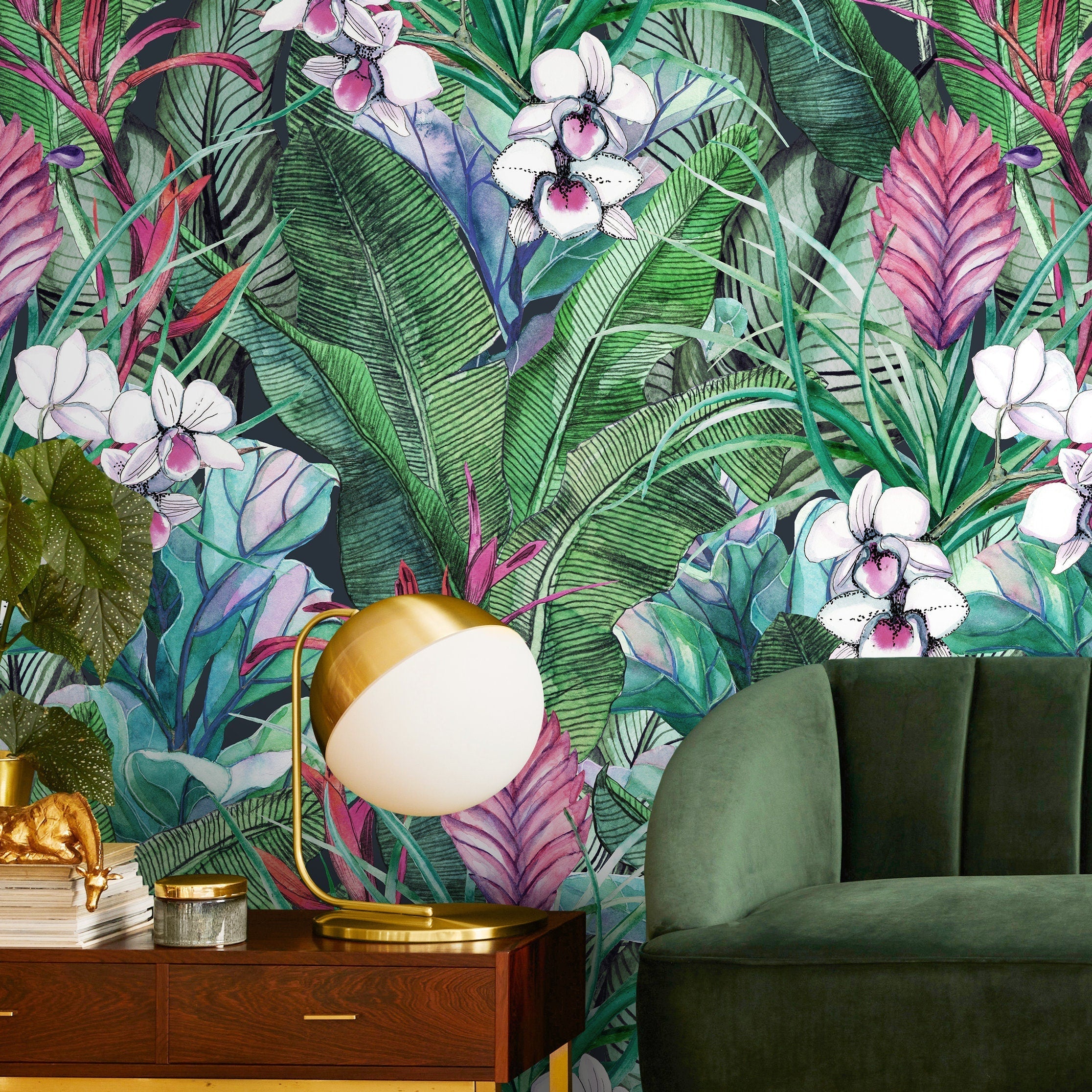 Tropical Wallpaper With Lush Jungle Leaves And Orchids In Green And Pink - A673