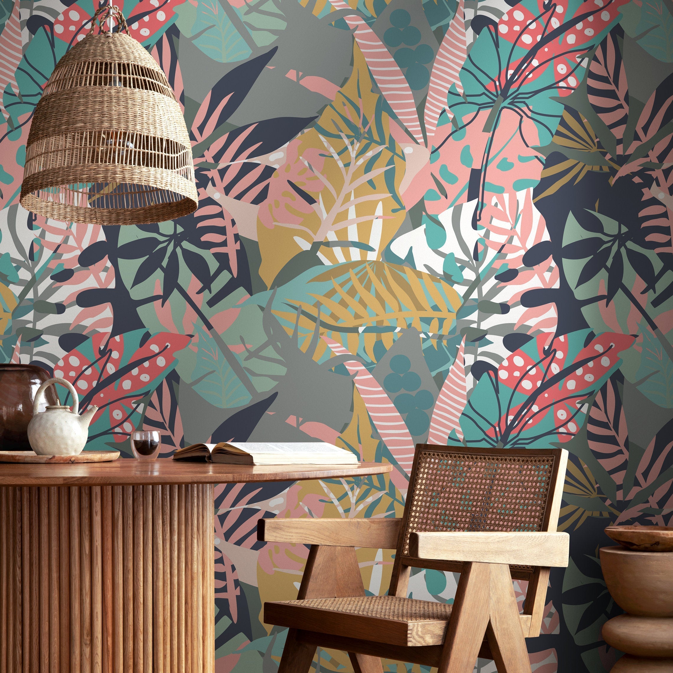 Botanical Wallpaper Featuring Stylized Tropical Leaves In Teal, Pink, And Gold - A712