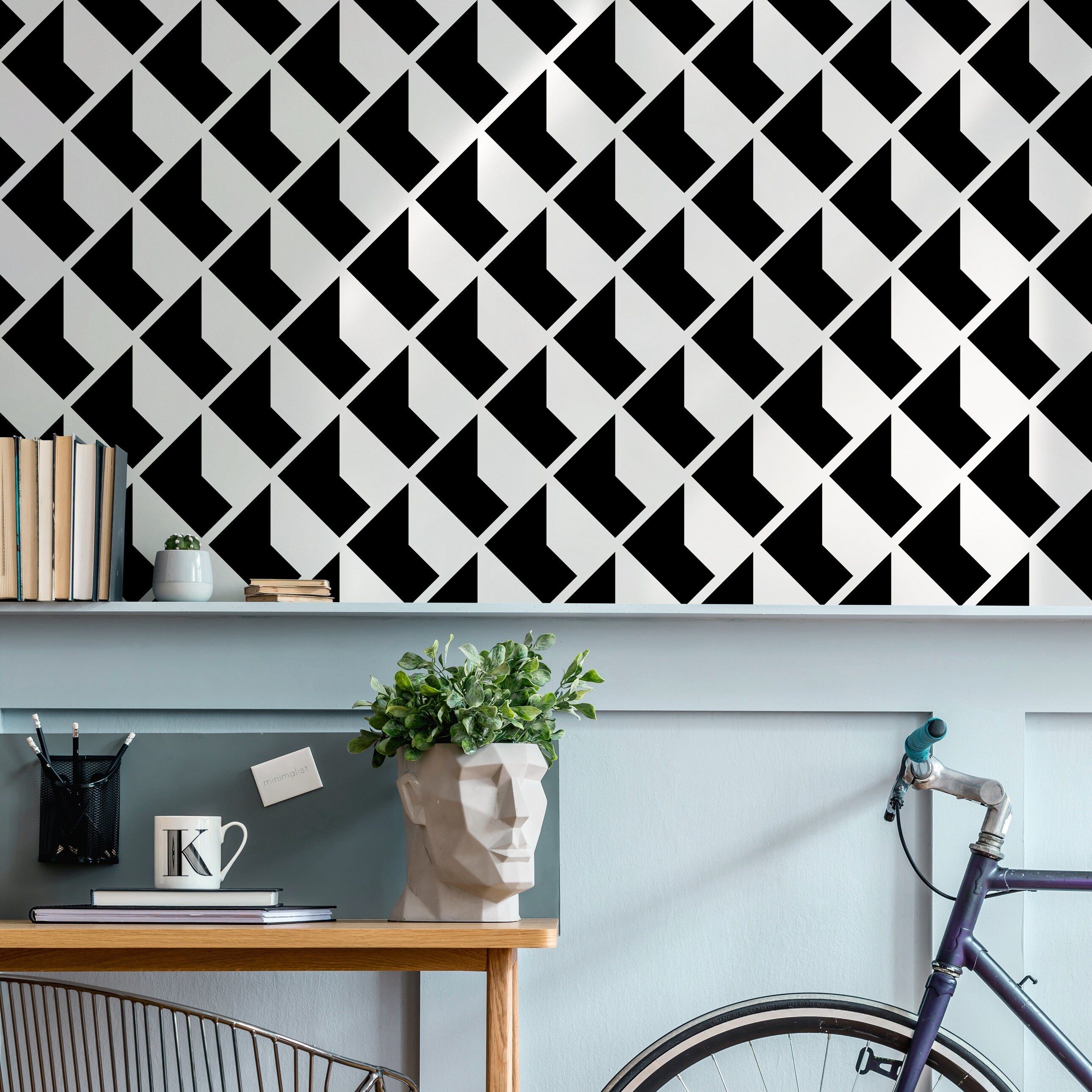 Geometric Wallpaper With An Interlocking Arrow Motif In Black And White - A823