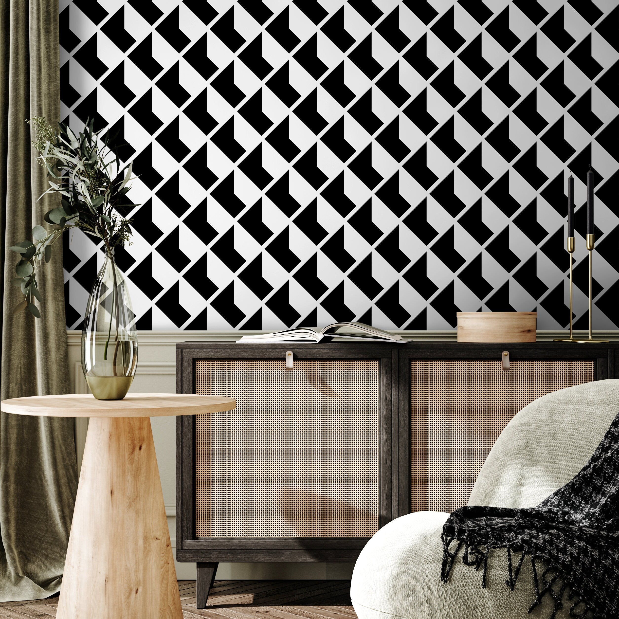 Geometric Wallpaper With An Interlocking Arrow Motif In Black And White - A823