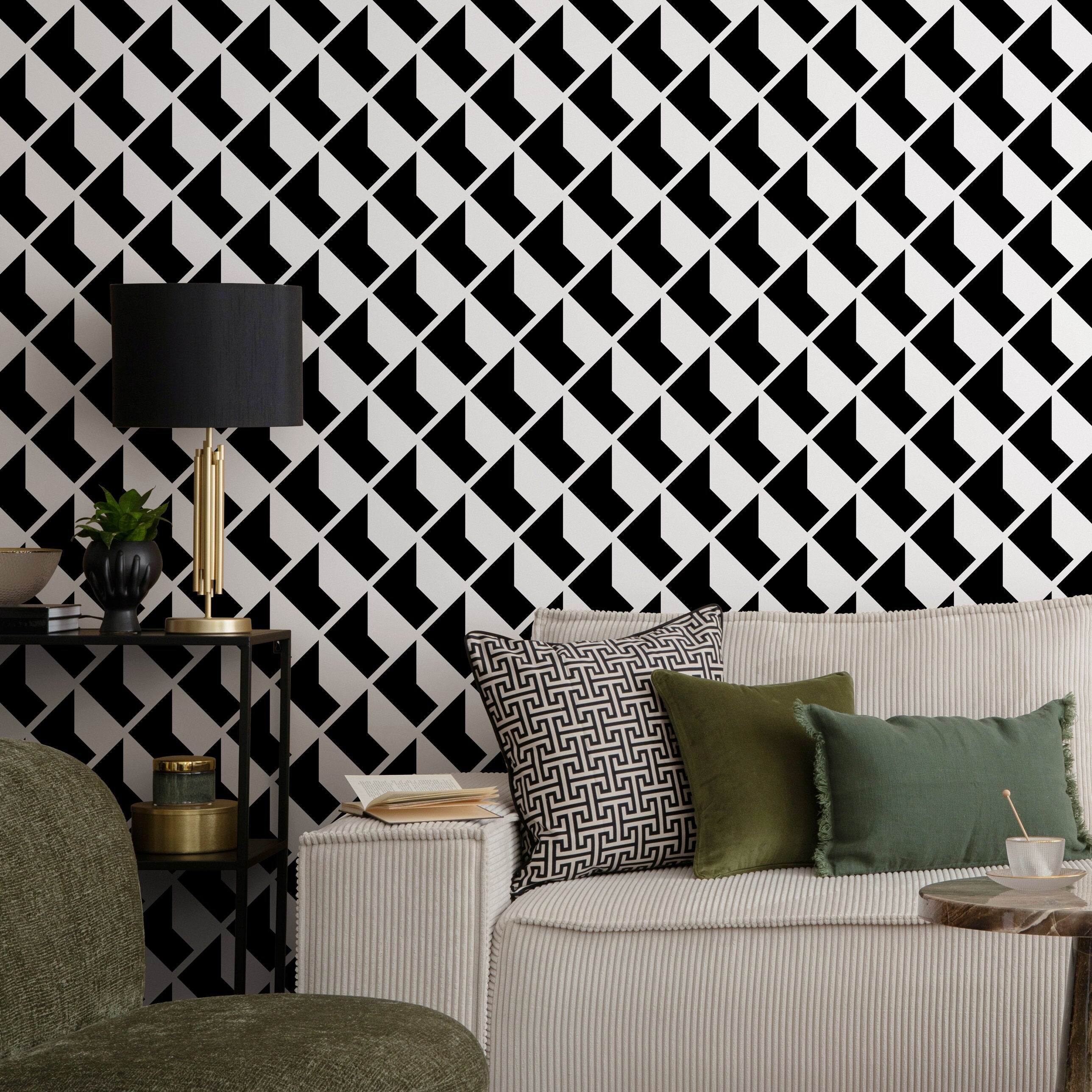 Geometric Wallpaper With An Interlocking Arrow Motif In Black And White - A823